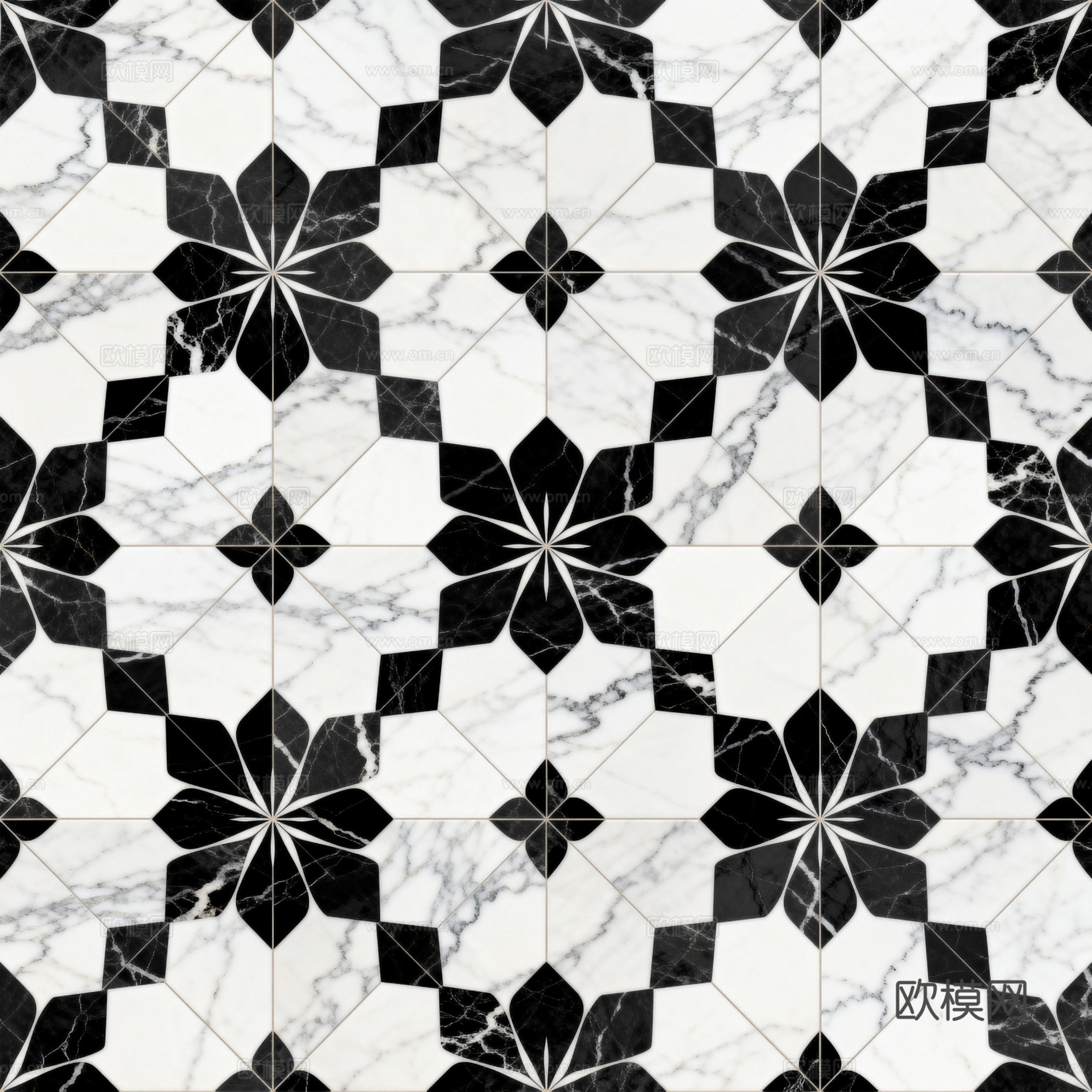 现代花砖 黑白石材拼花 花卉几何图案水刀石材拼花 石材马赛克下载
