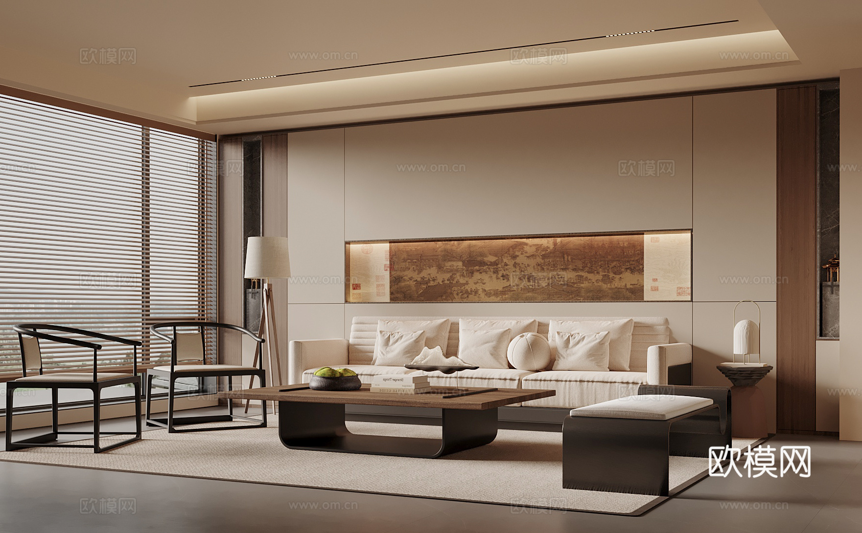 宋式禅意客厅 沙发背景墙 禅意沙发组合 长形茶几su模型