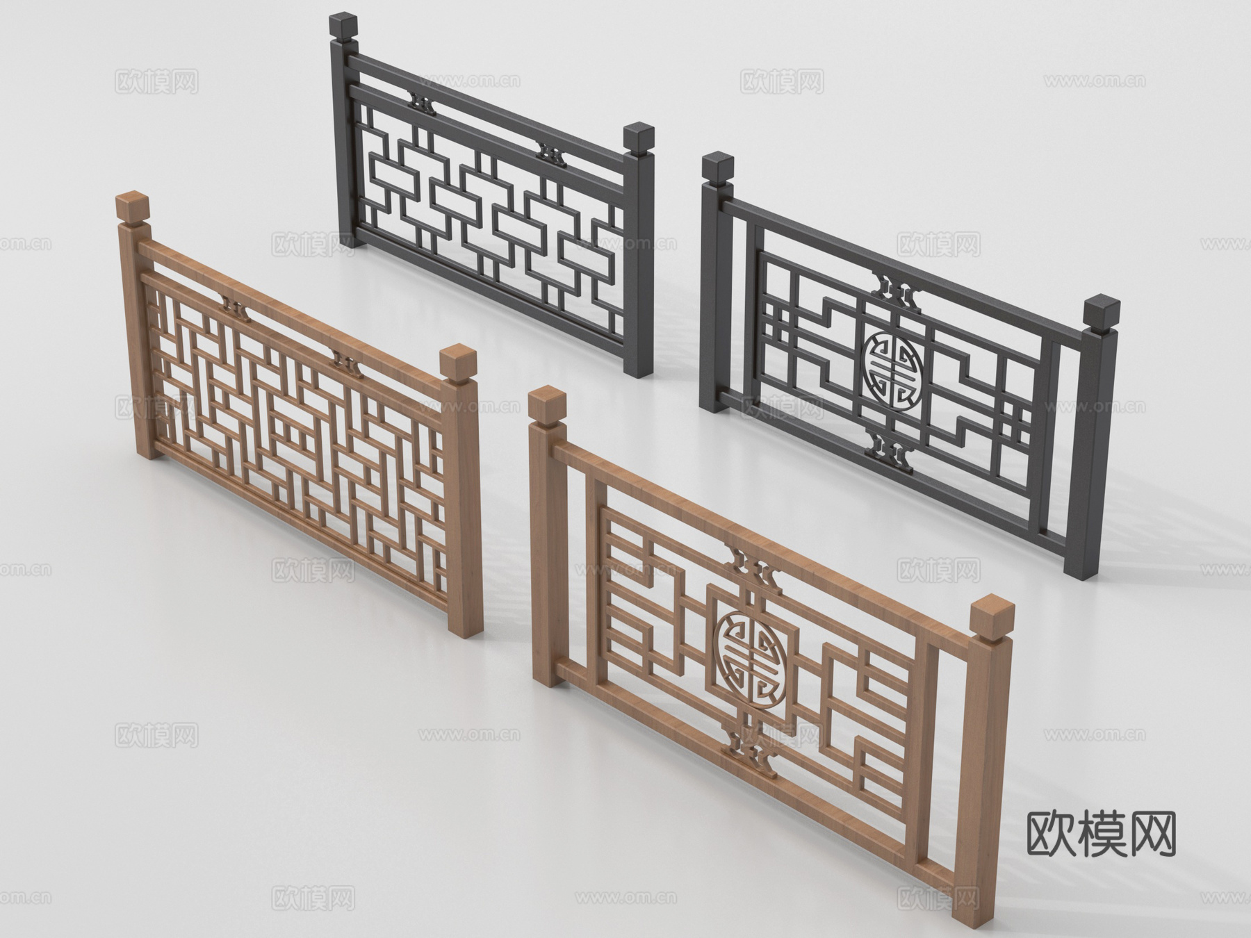 新中式栏杆护栏 栅栏围栏 实木围栏护栏su模型