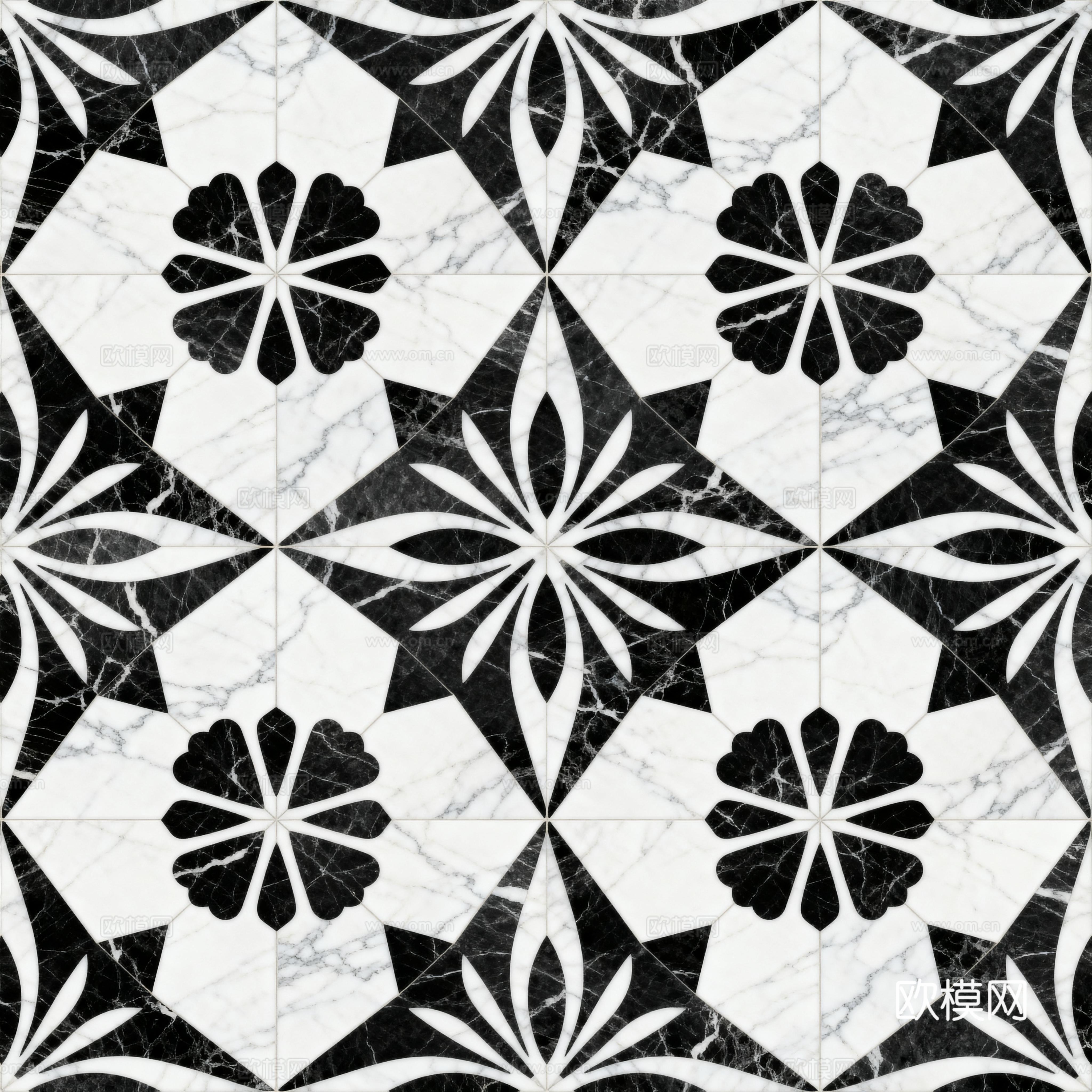 现代花砖 黑白石材拼花 花卉几何图案水刀石材拼花 石材马赛克下载