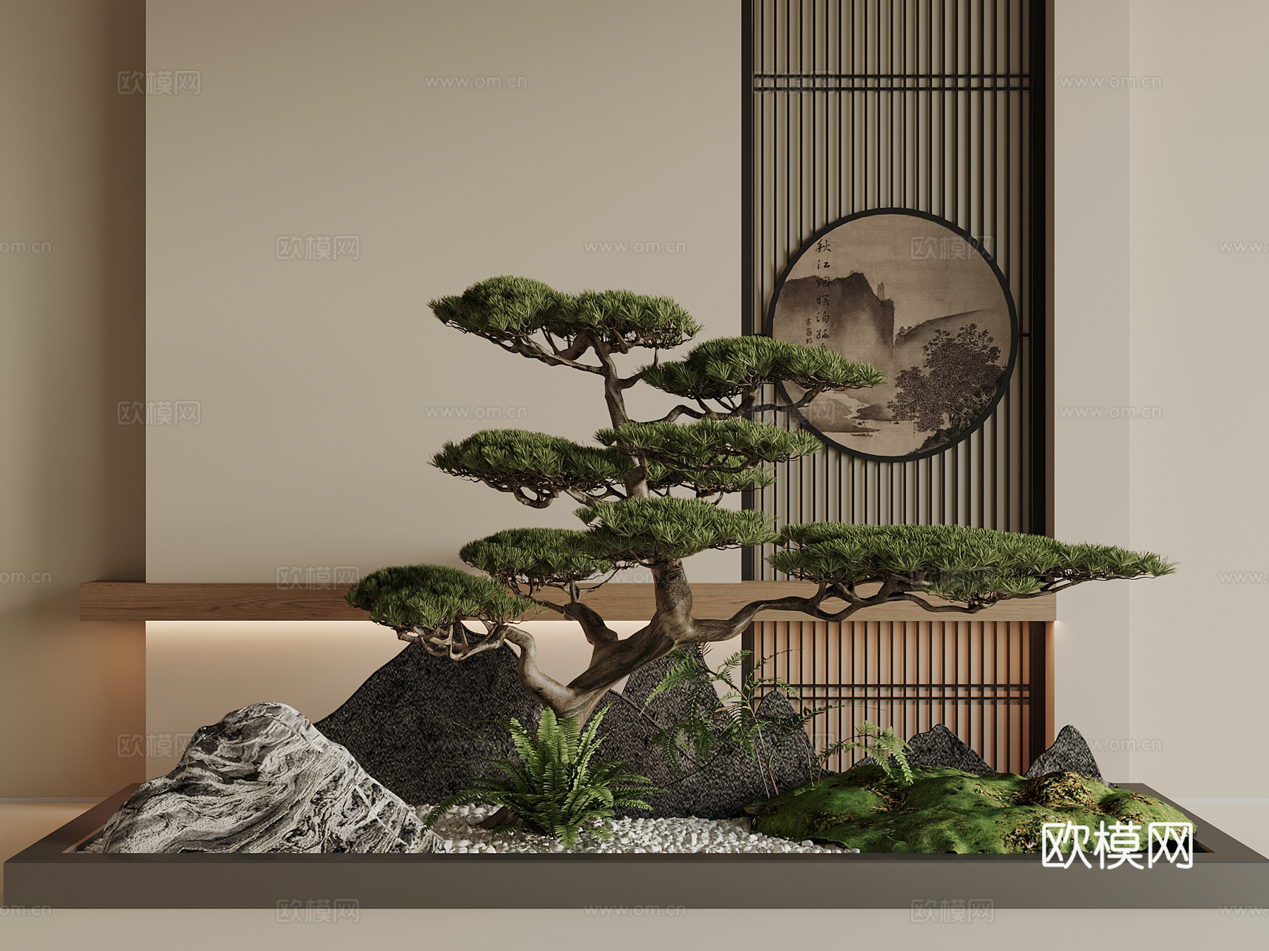 新中式绿植景观 迎客松景观 屏风景观su模型