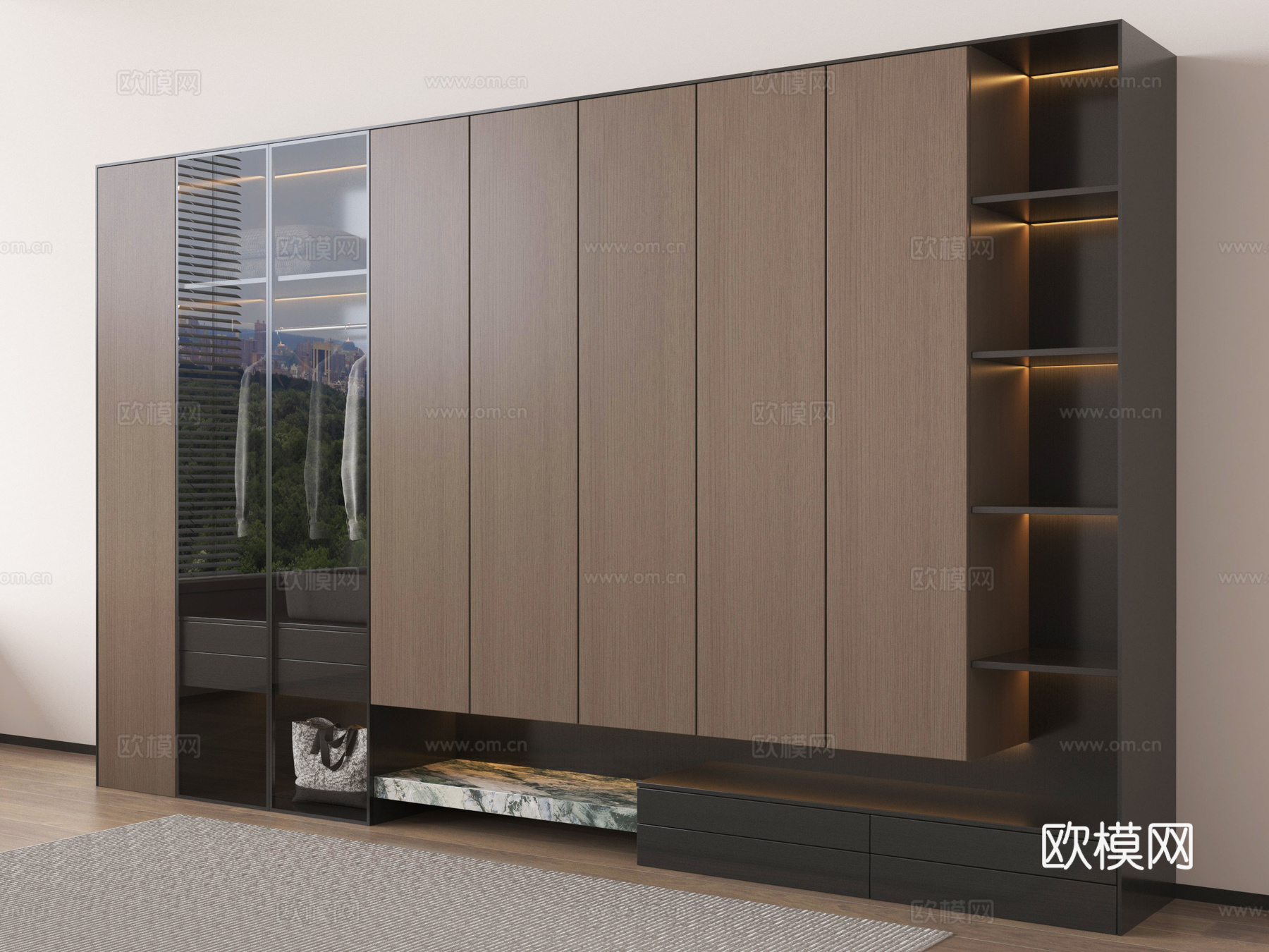 现代意式轻奢衣柜 实木 高柜 玻璃门衣柜su模型