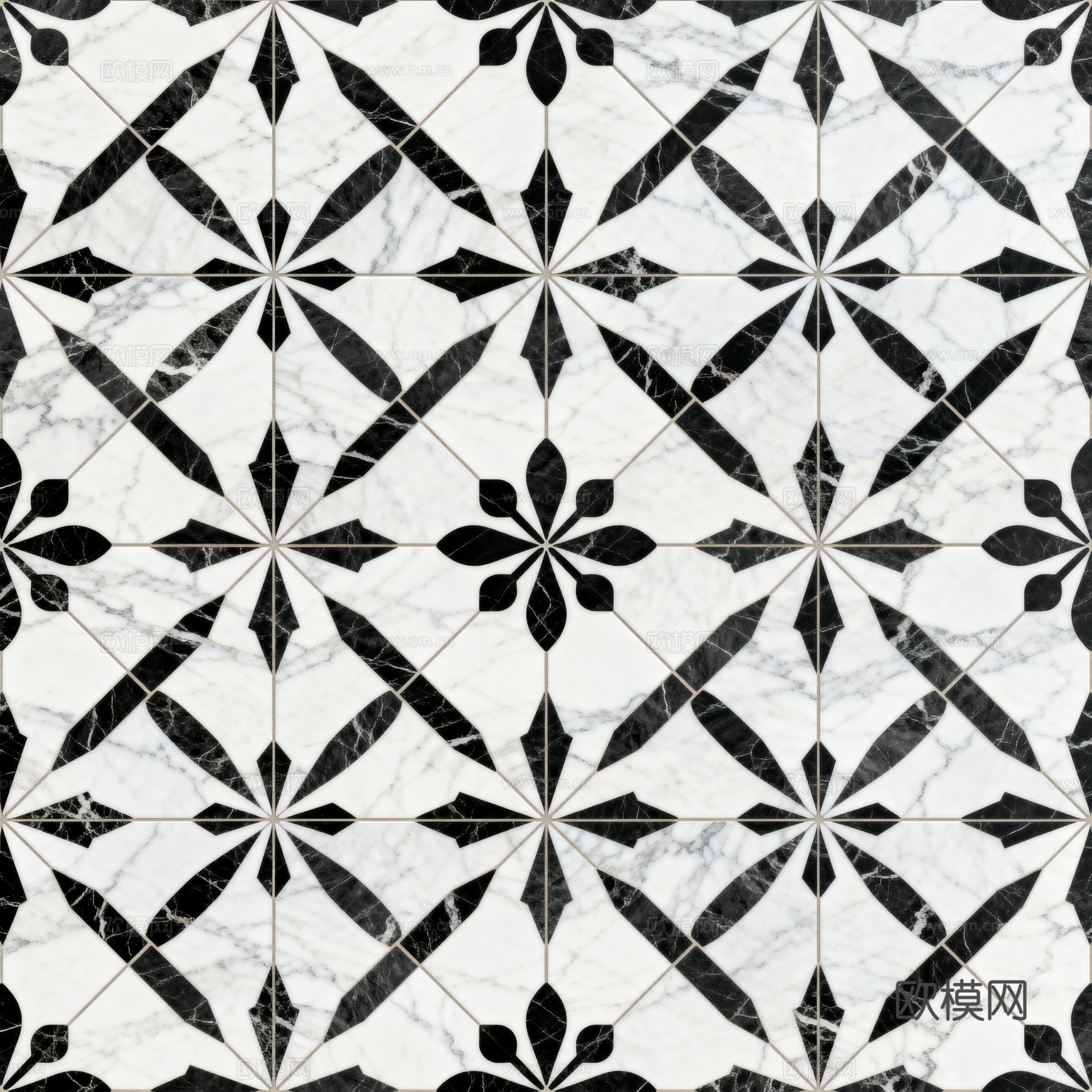 现代花砖 黑白石材拼花 花卉几何图案水刀石材拼花 石材马赛克下载