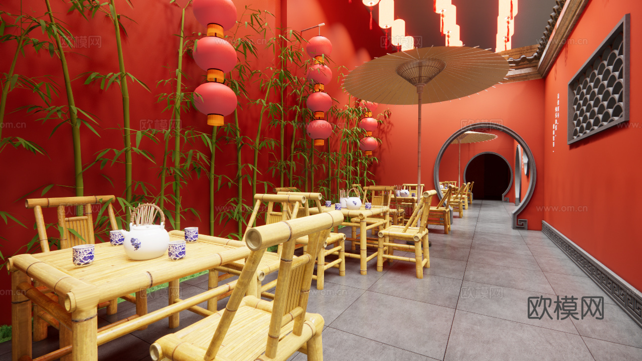 中式餐饮空间，食堂，餐厅，新中式su模型
