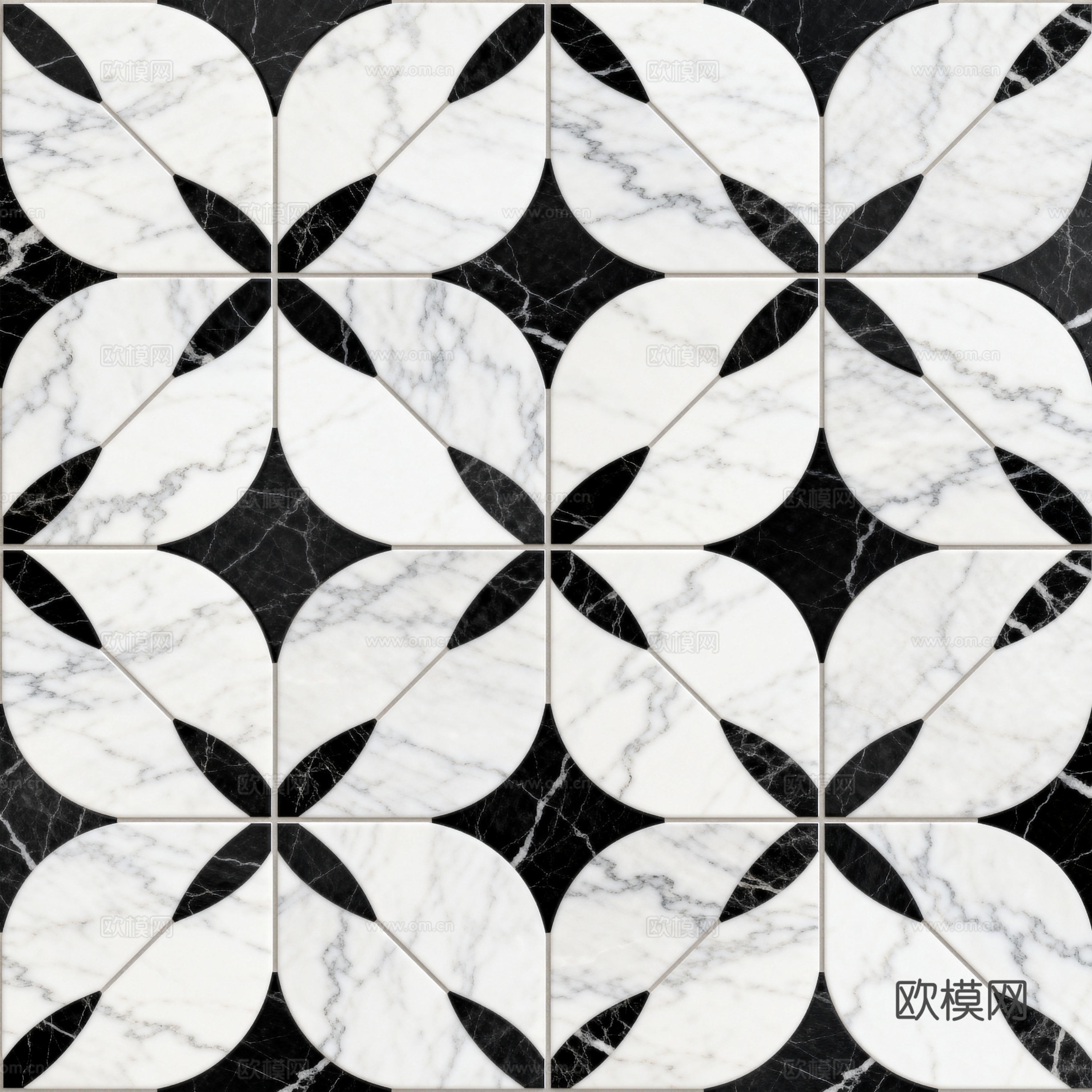 现代花砖 黑白石材拼花 花卉几何图案水刀石材拼花 石材马赛克下载
