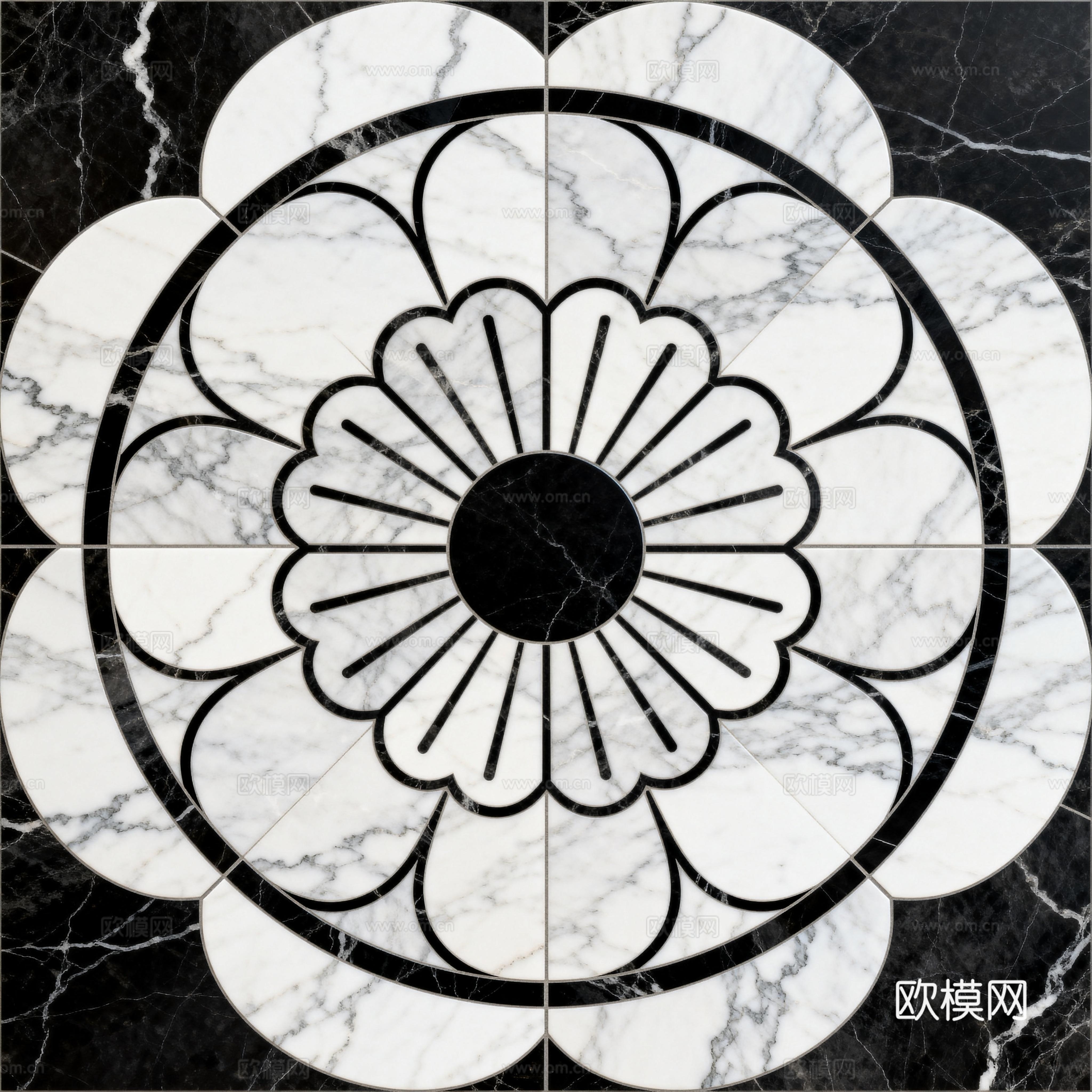 轻奢黑白拼花大理石 黑白石材圆形拼花 玄关圆形拼花