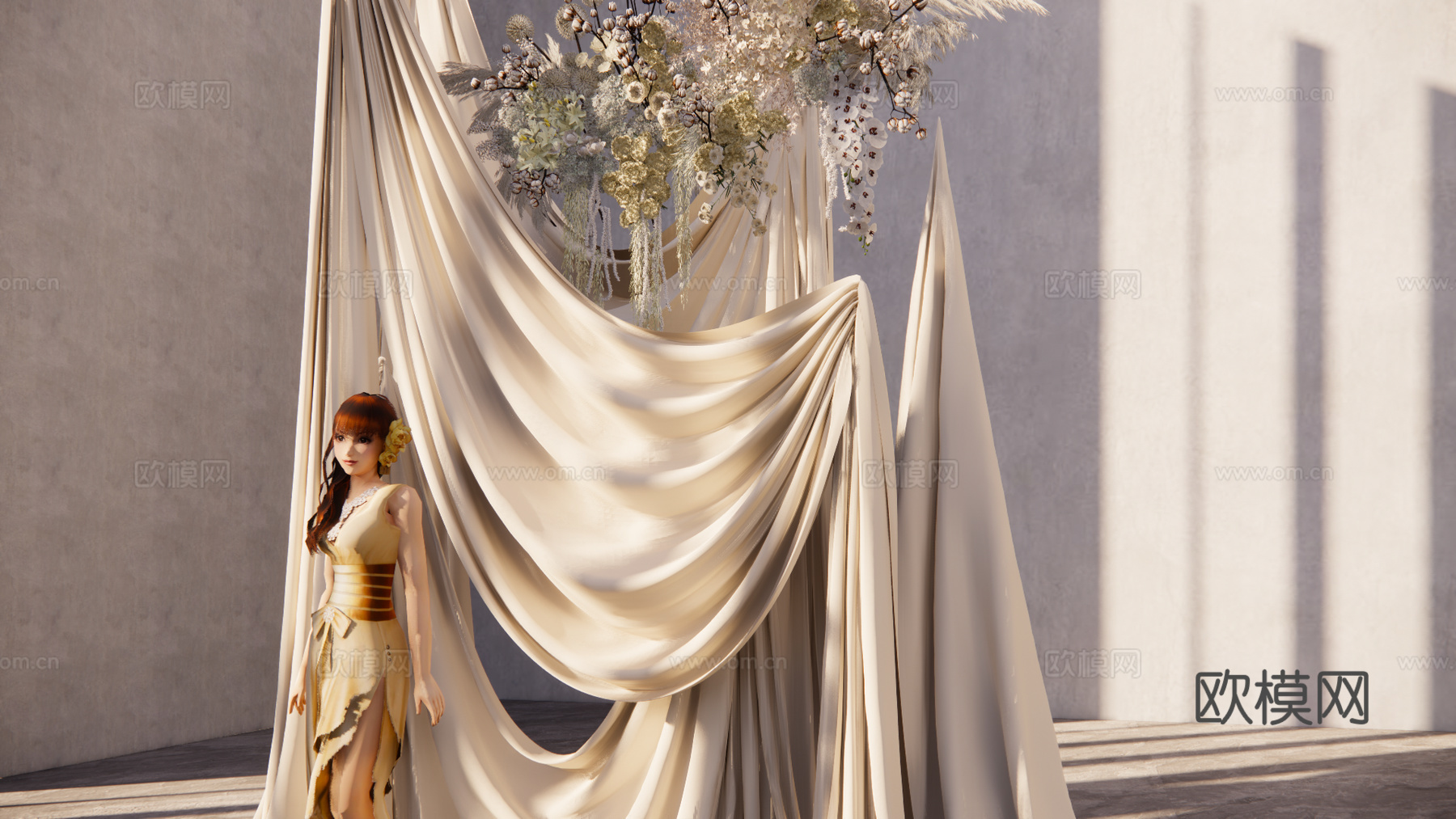 布幔造型小景  香槟色花艺婚礼美陈su模型