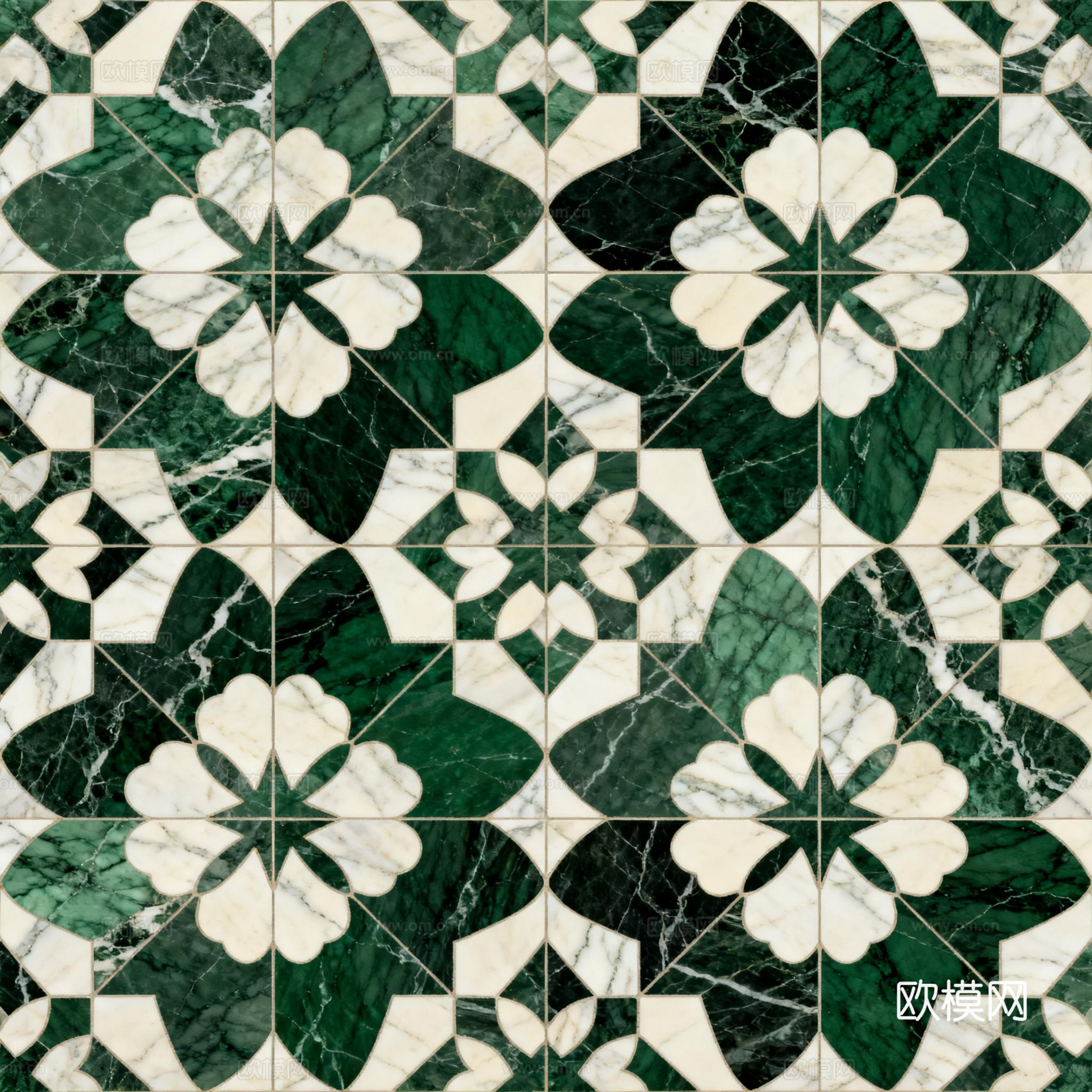 绿白色石材拼花 花卉图案水切刀拼花石材 绿色石材拼花马赛克