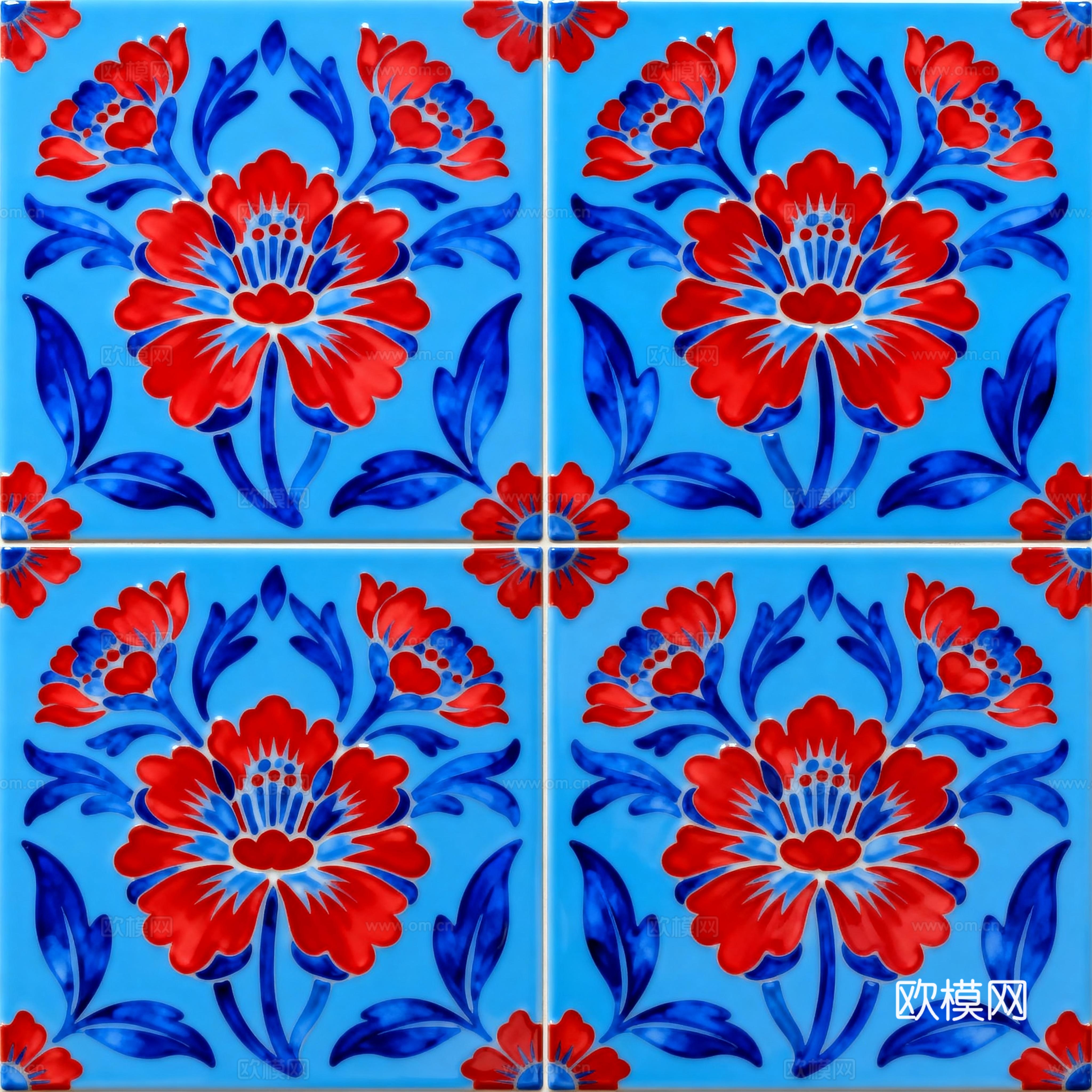 中古风 诧寂风工业风蓝红白色花砖 花卉图案手工瓷砖