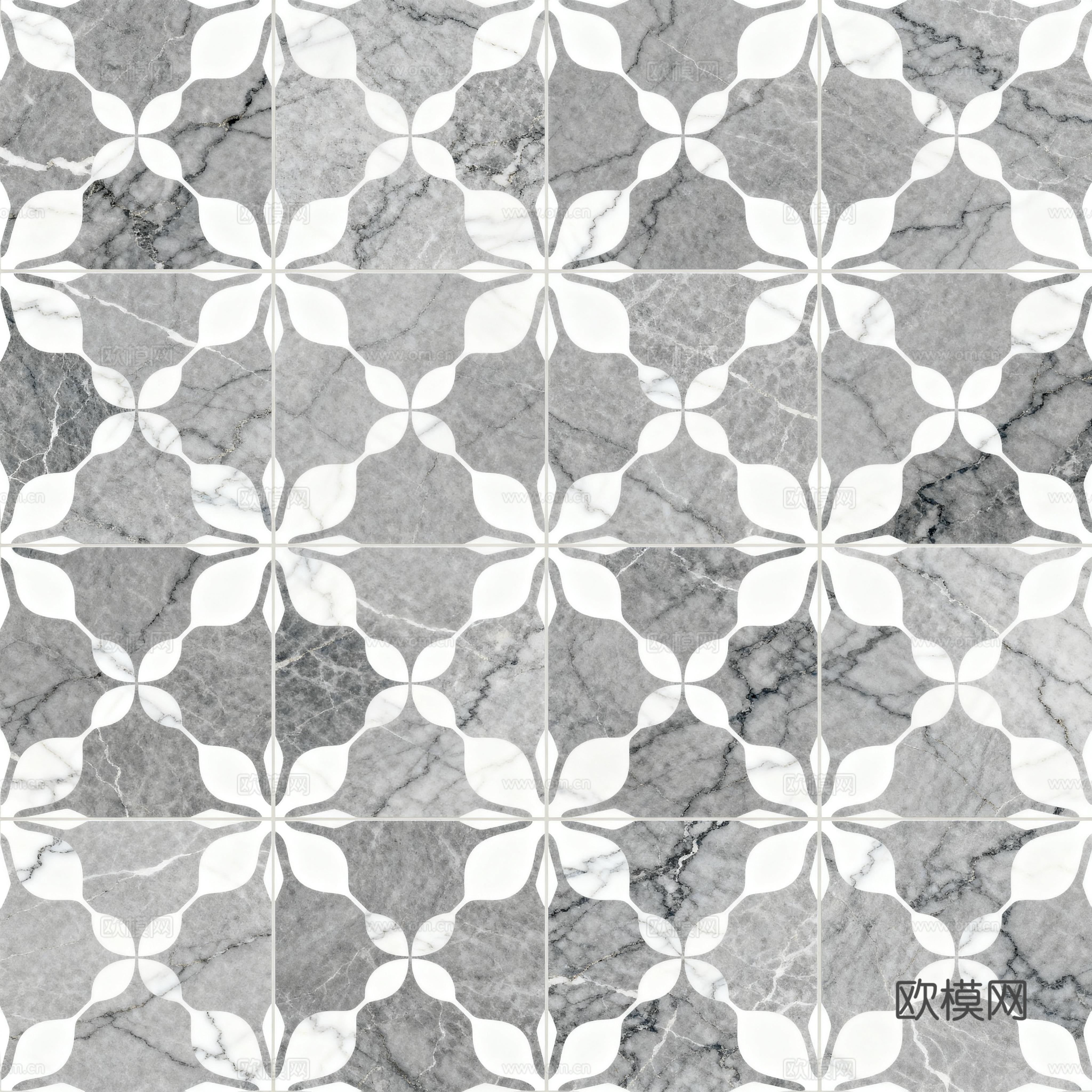 现代花砖 灰白石材拼花 花卉几何图案水刀石材拼花 石材马赛克