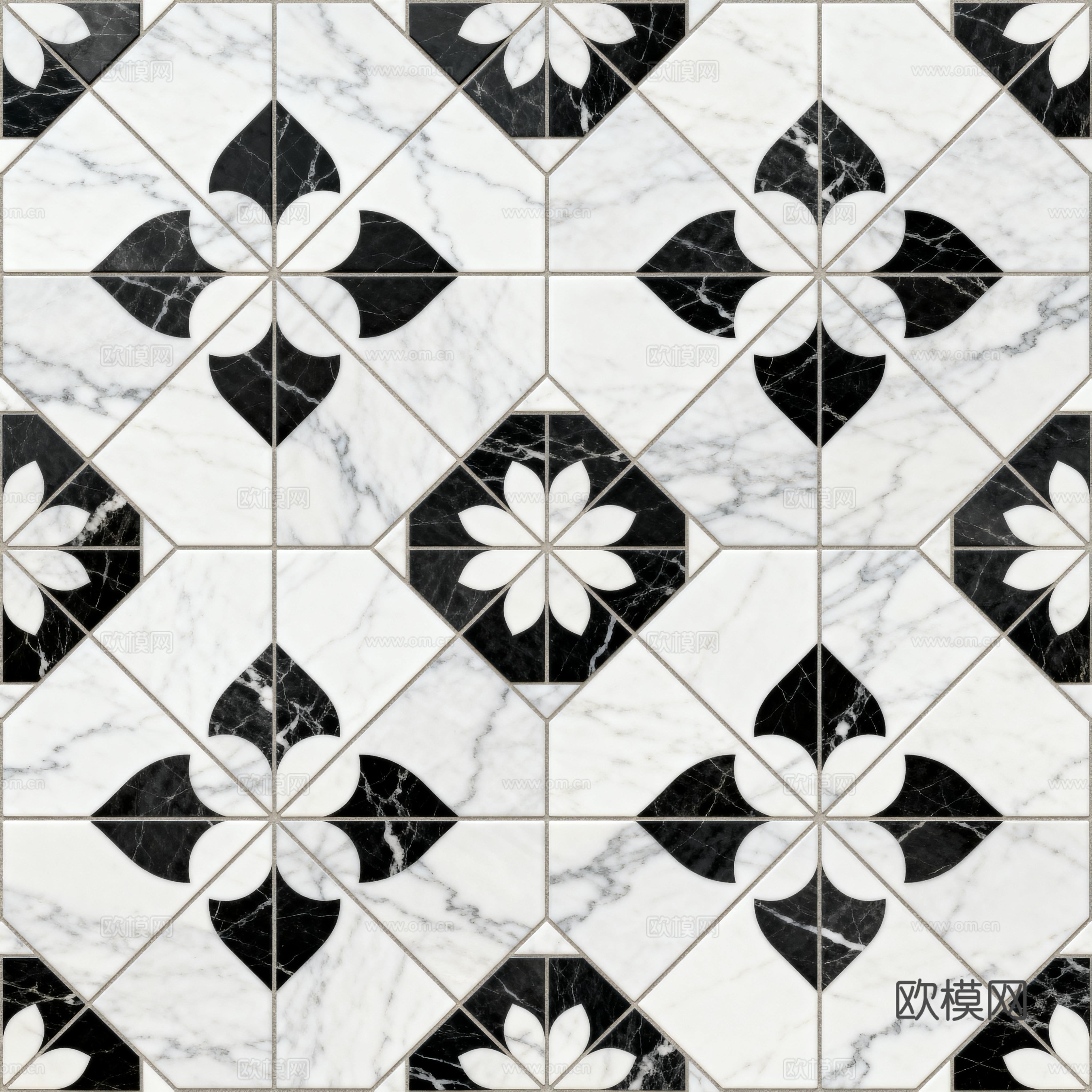 现代花砖 黑白石材拼花 花卉几何图案水刀石材拼花 石材马赛克下载