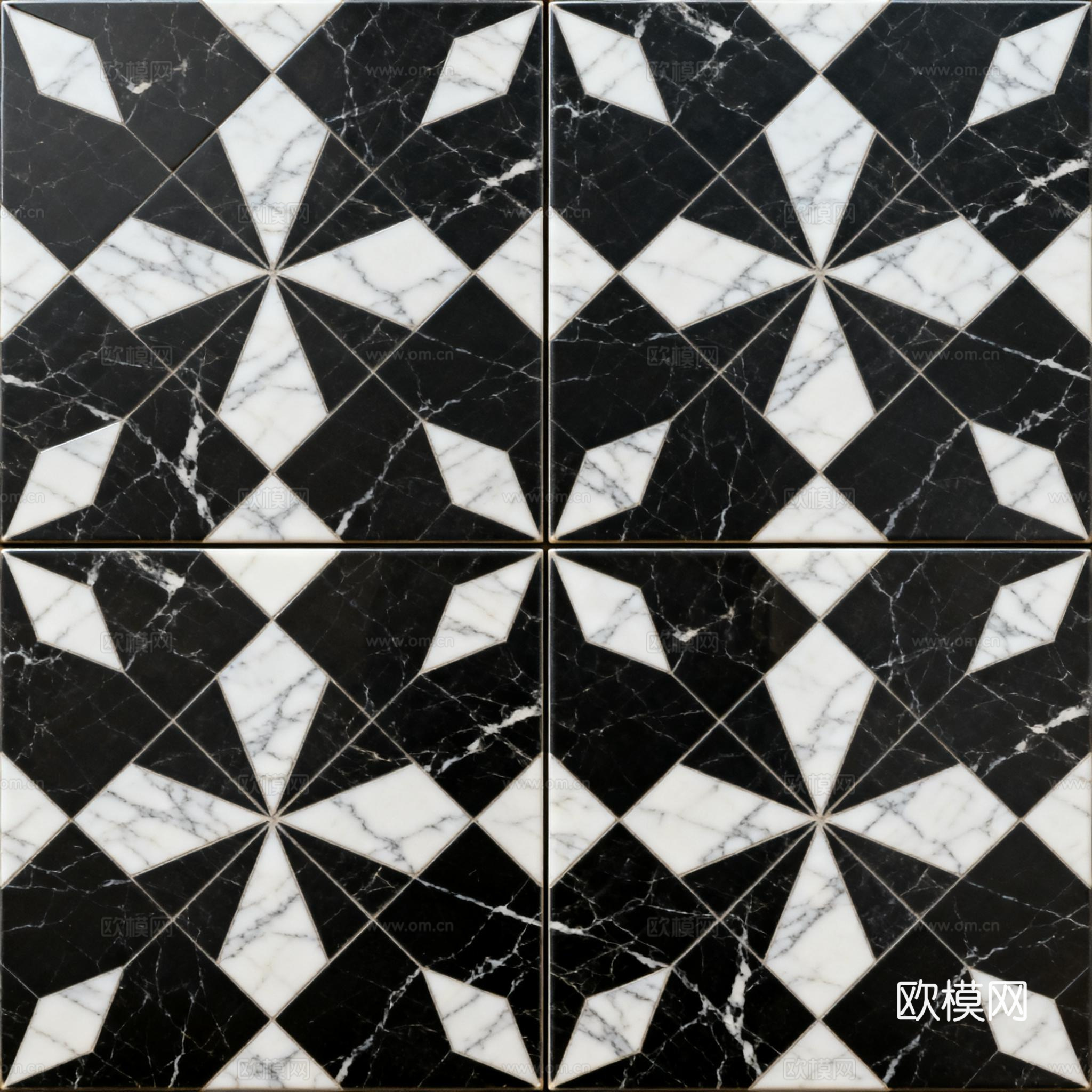 现代花砖 黑白石材拼花 花卉几何图案水刀石材拼花 石材马赛克