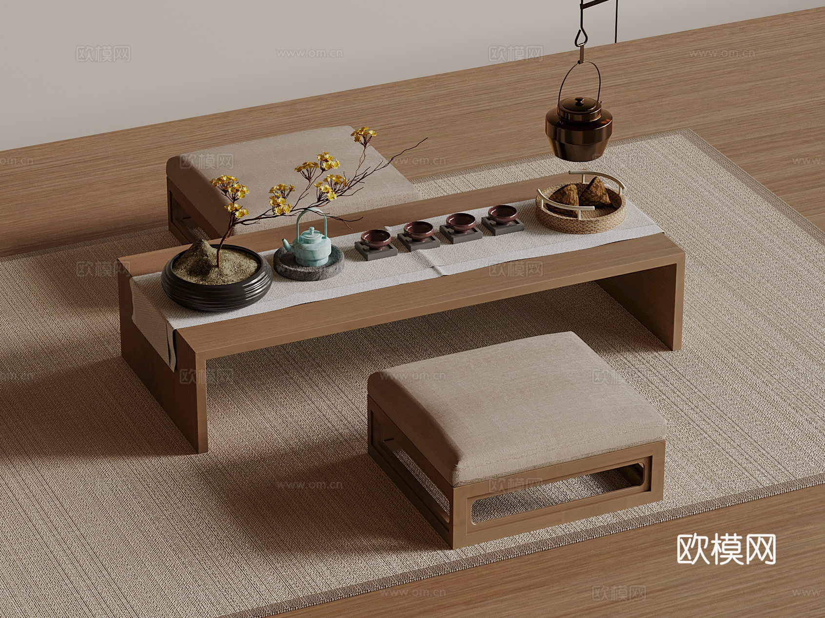 新中式茶台 榻榻米茶台 榻榻米坐垫su模型