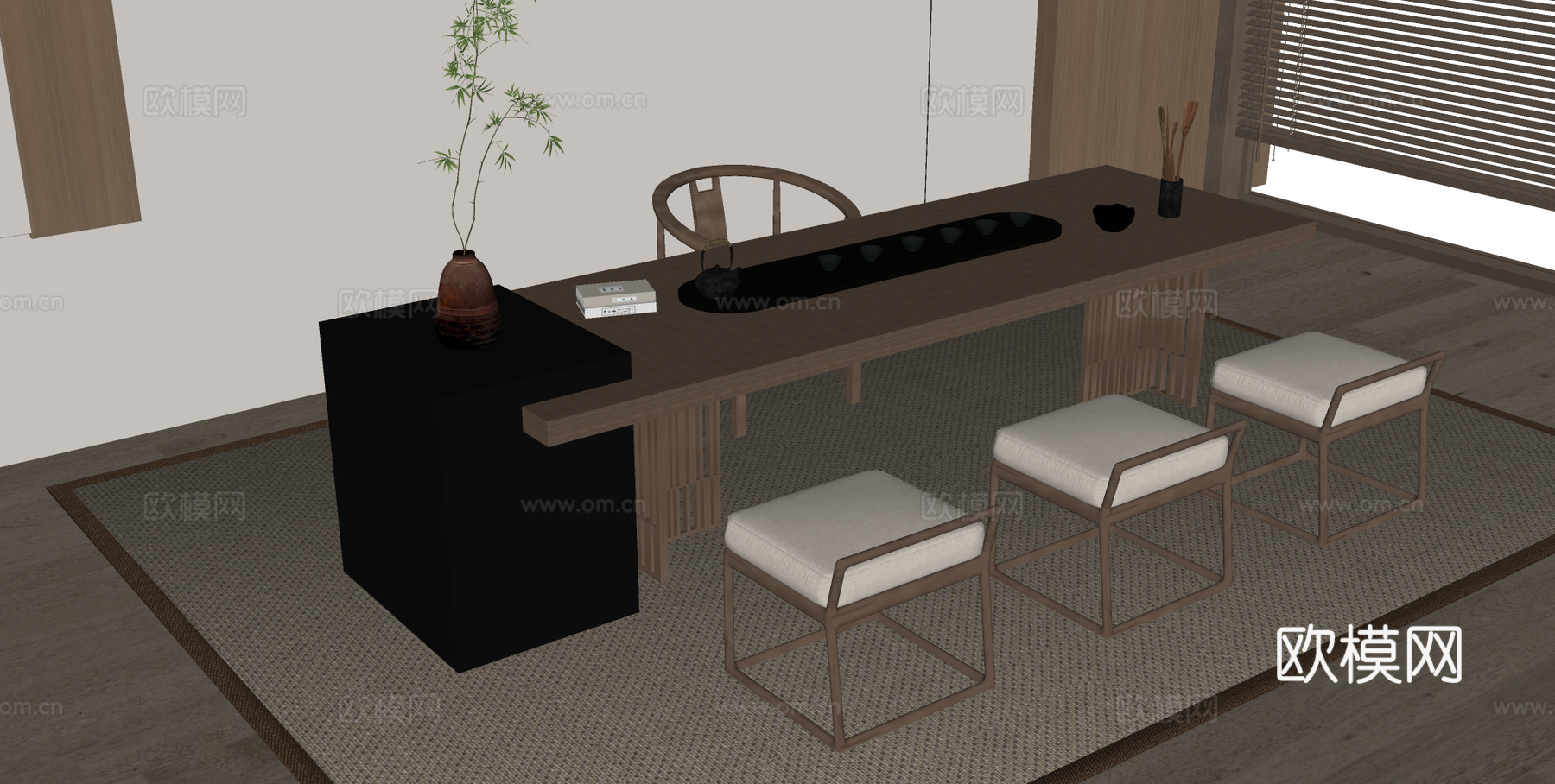 新中式禅意茶台 茶桌椅 茶台 木制茶台su模型