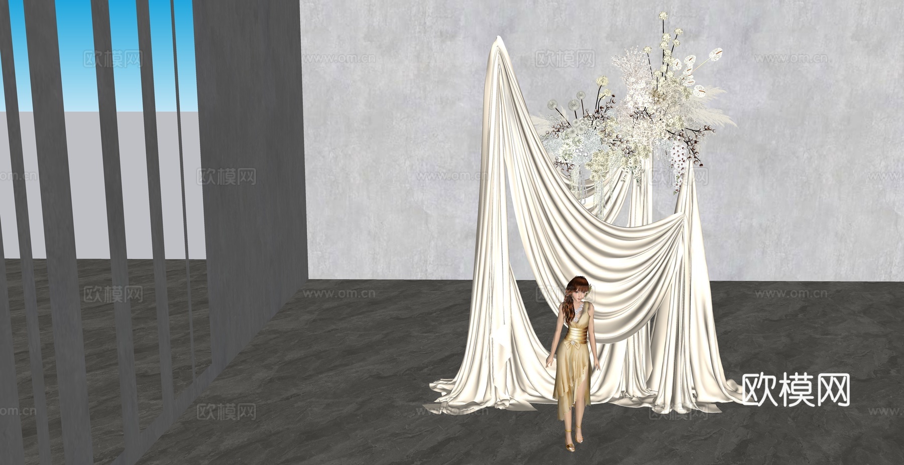 布幔造型小景  香槟色花艺婚礼美陈su模型