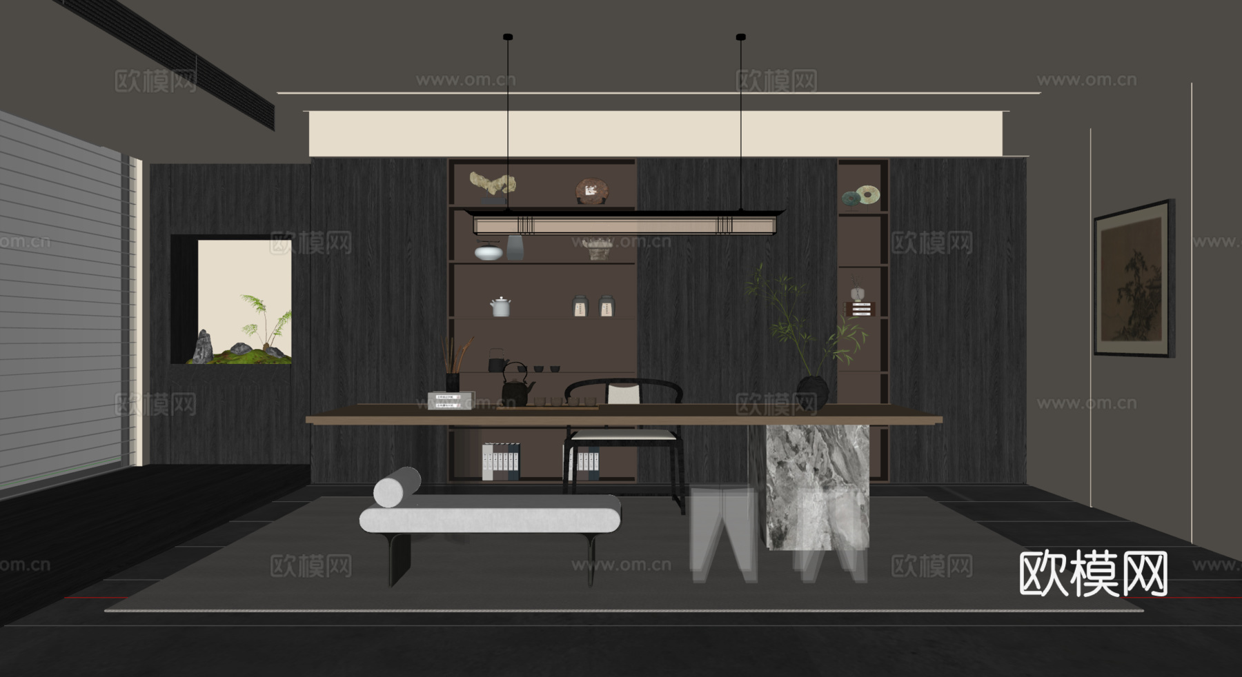 新中式茶室 茶桌椅 茶柜 吊灯 装饰柜 地毯su模型
