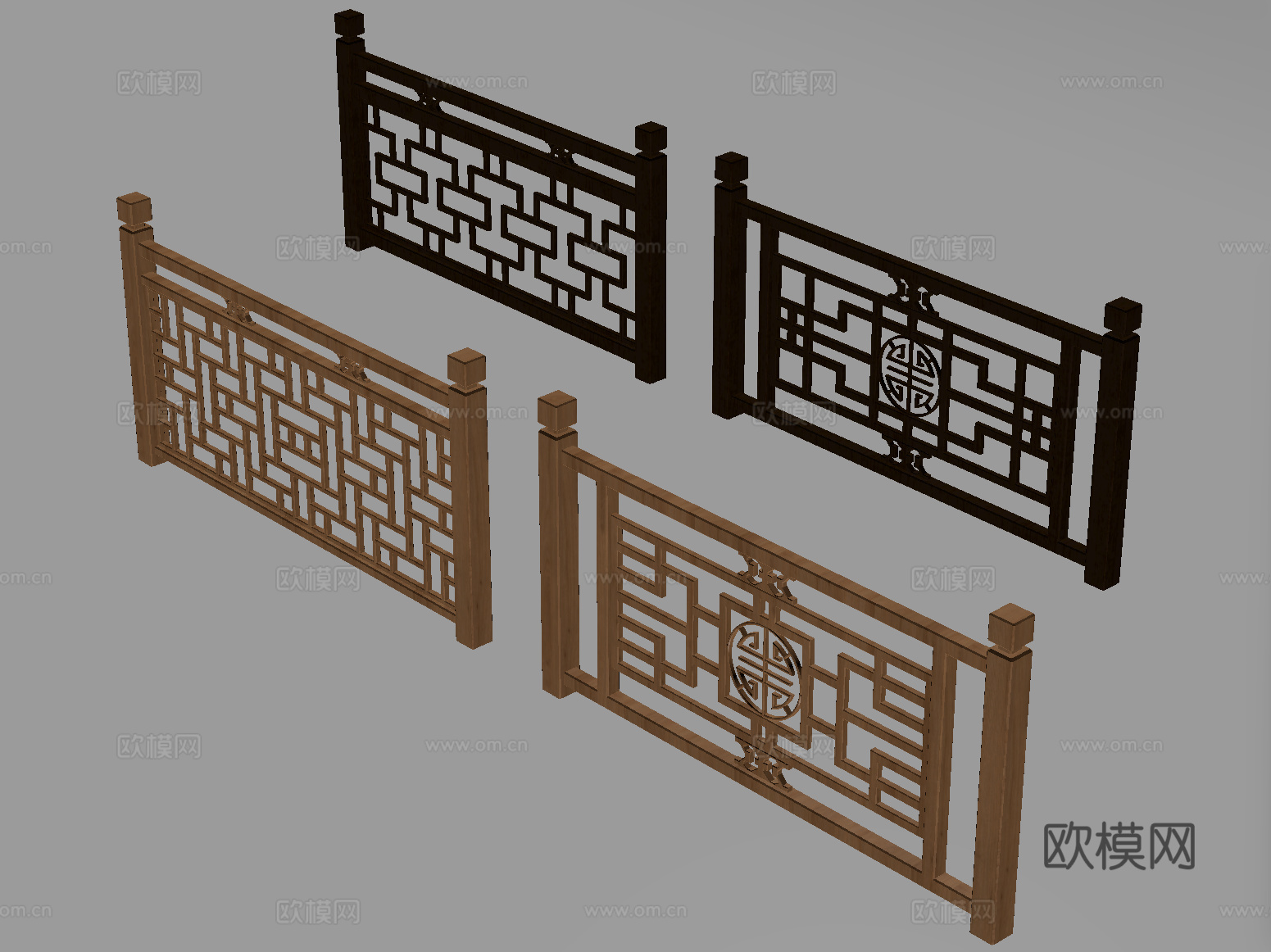新中式栏杆护栏 栅栏围栏 实木围栏护栏su模型
