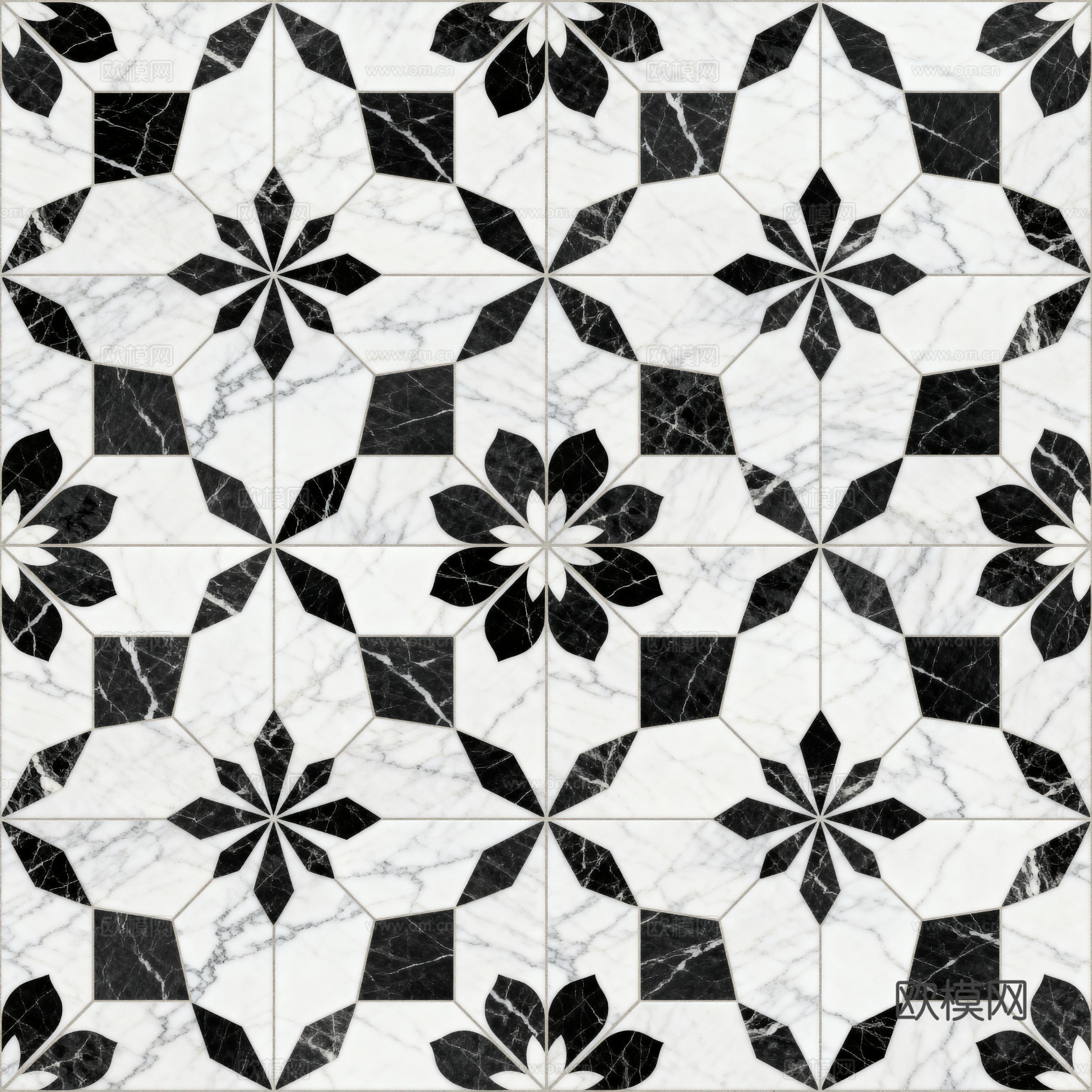 现代花砖 黑白石材拼花 花卉几何图案水刀石材拼花 石材马赛克下载