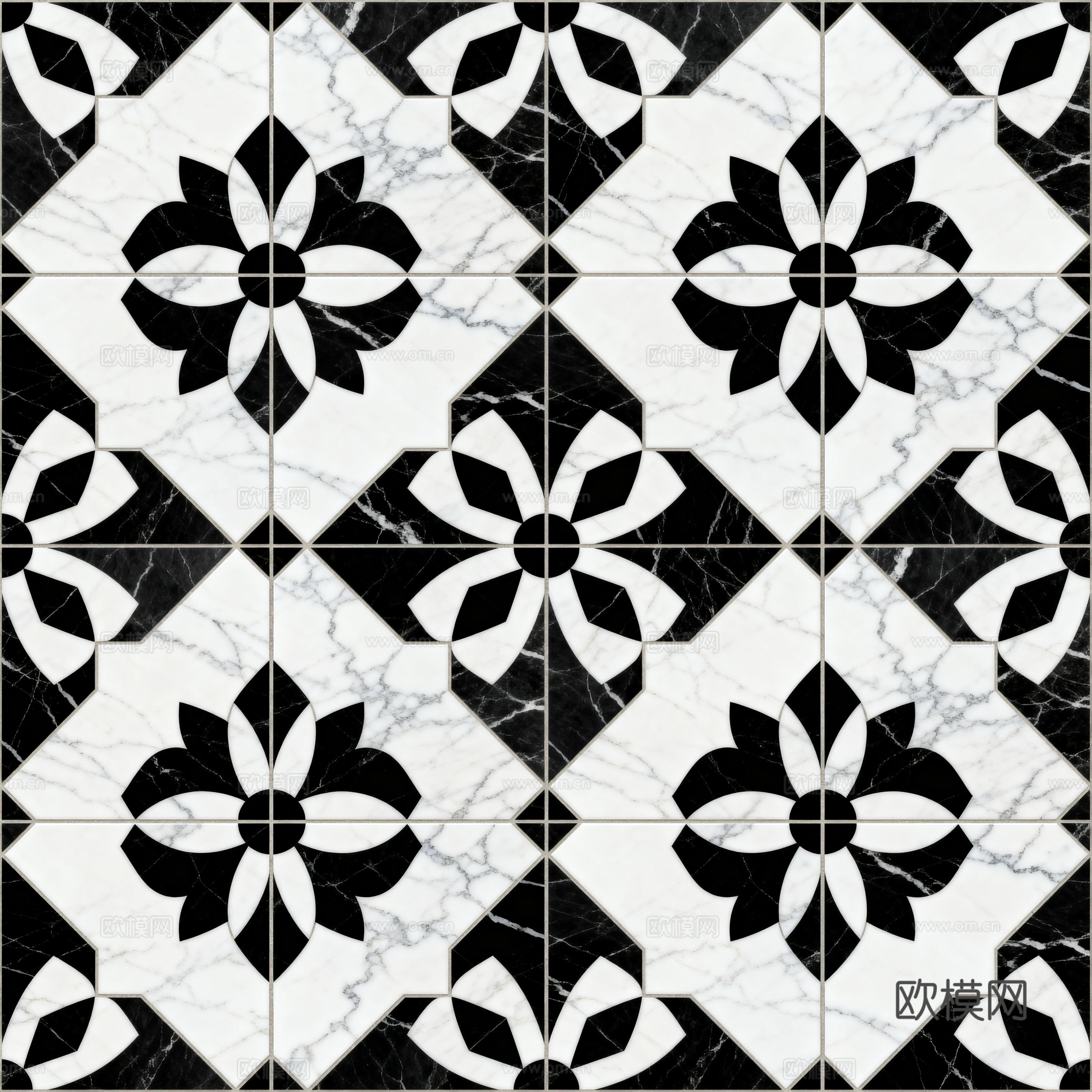 现代花砖 黑白石材拼花 花卉几何图案水刀石材拼花 石材马赛克下载