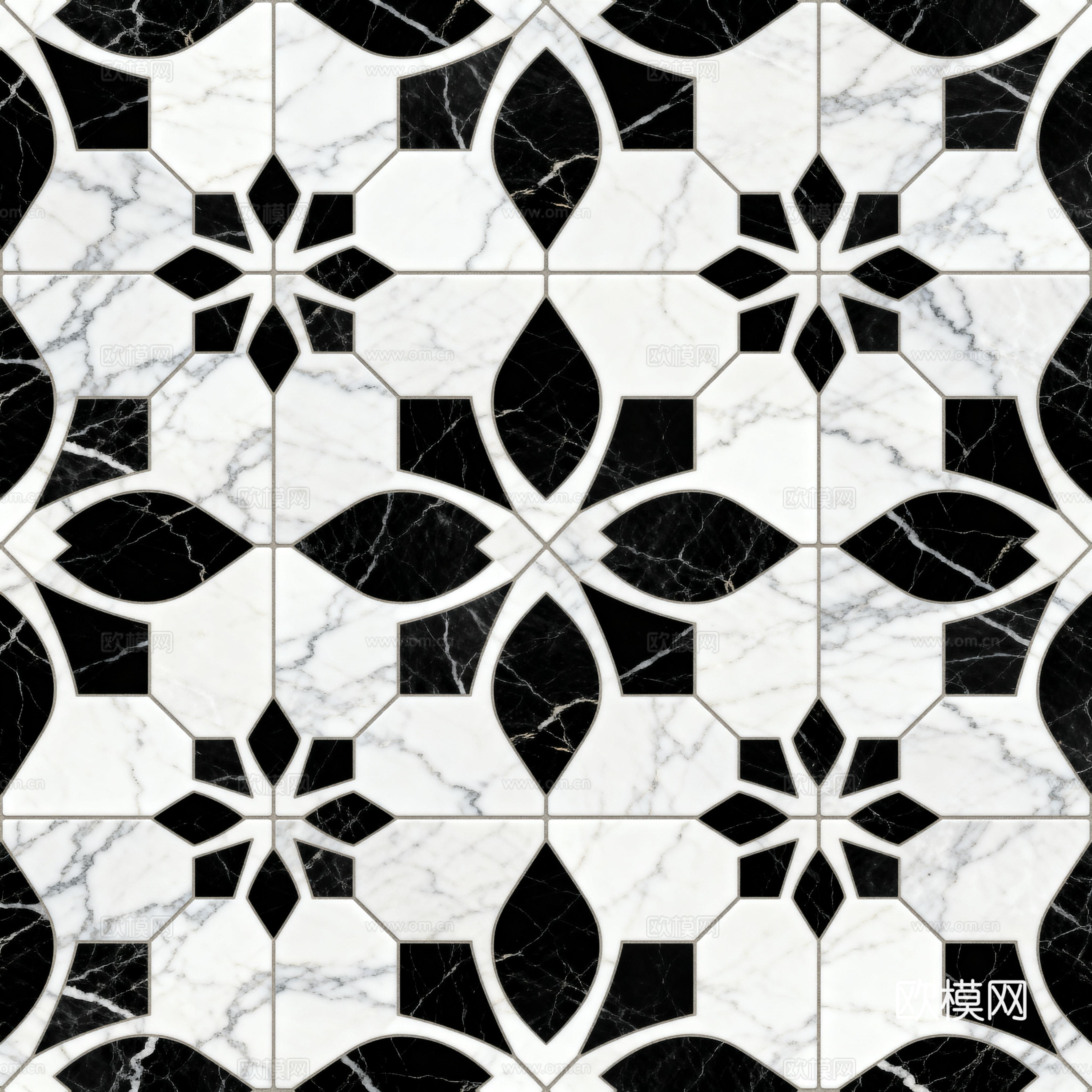 现代花砖 黑白石材拼花 花卉几何图案水刀石材拼花 石材马赛克下载