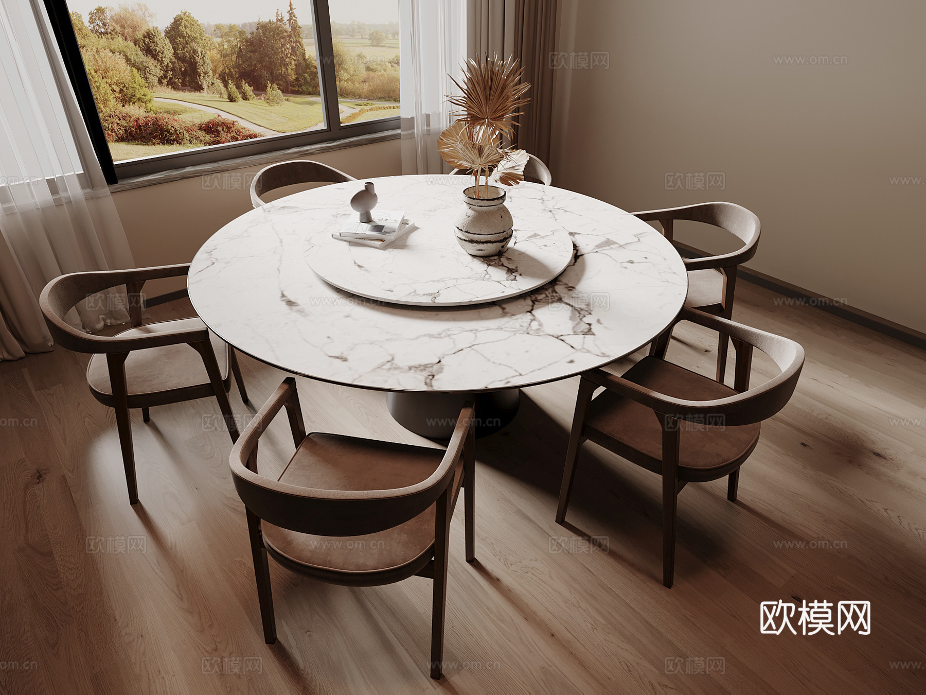 宋式餐桌椅组合 圆形餐桌 木制餐椅 木制餐桌su模型