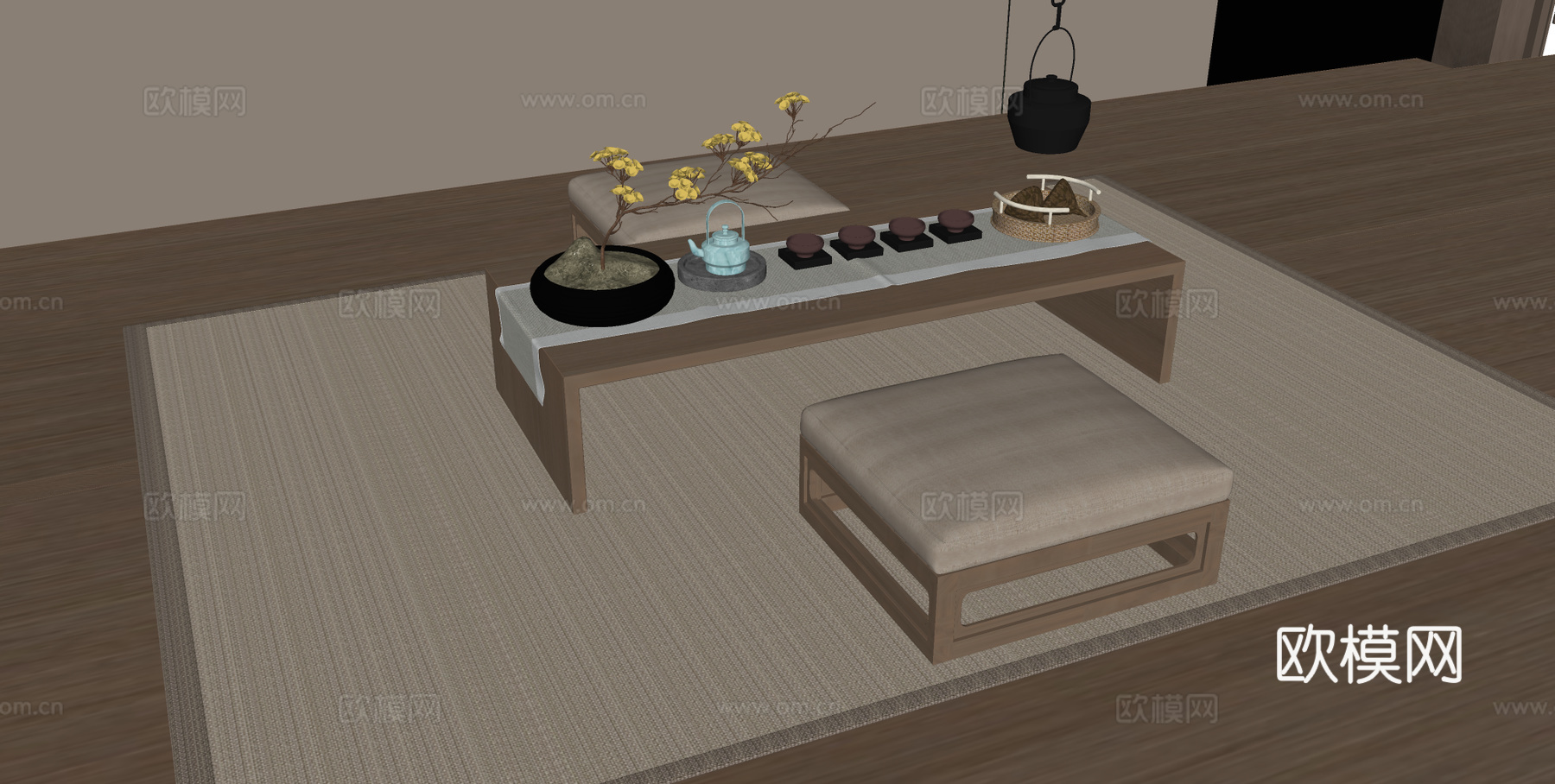 新中式茶台 榻榻米茶台 榻榻米坐垫su模型