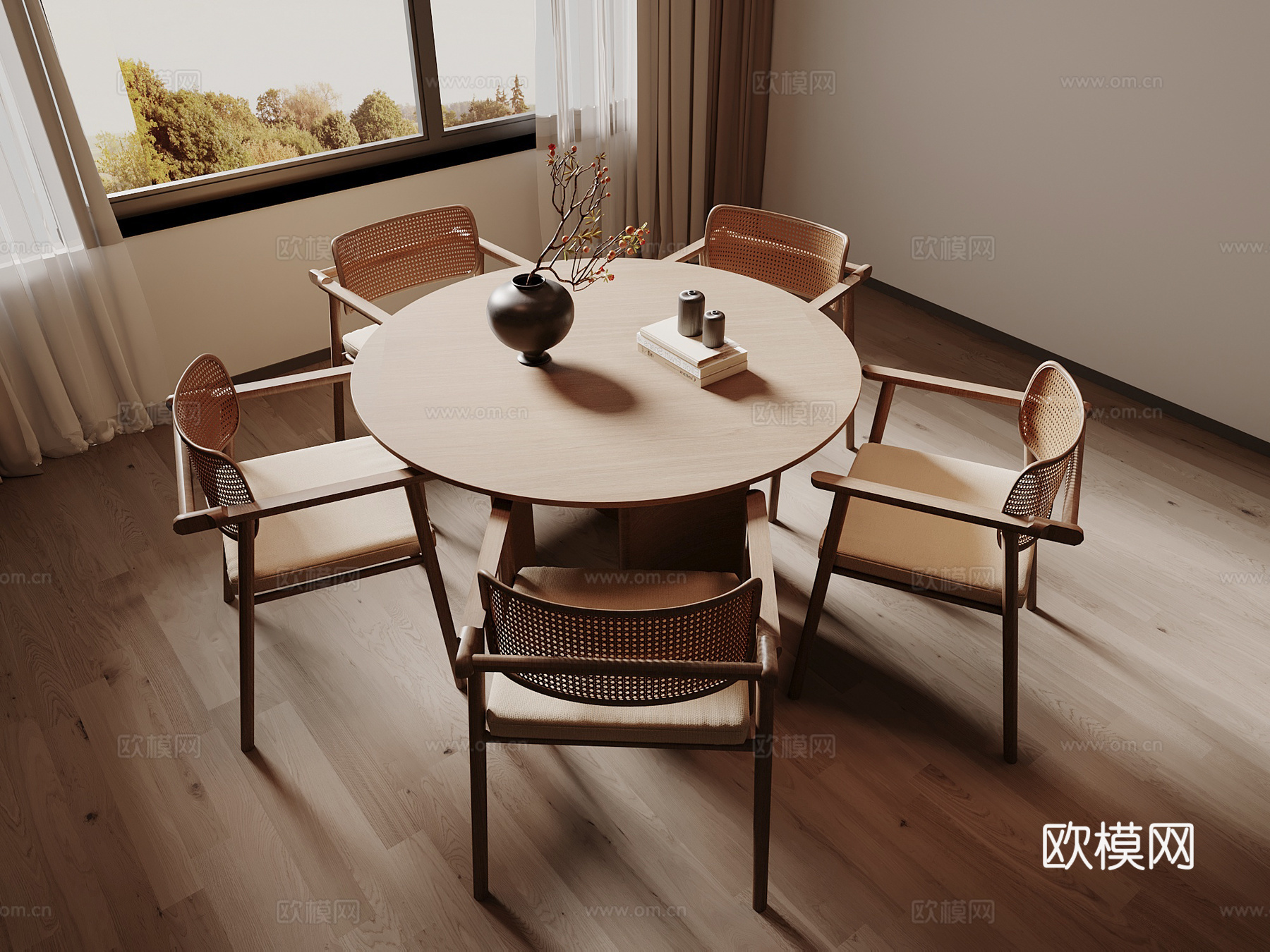 宋式餐桌椅组合 圆形餐桌 木制餐椅 木制餐桌su模型
