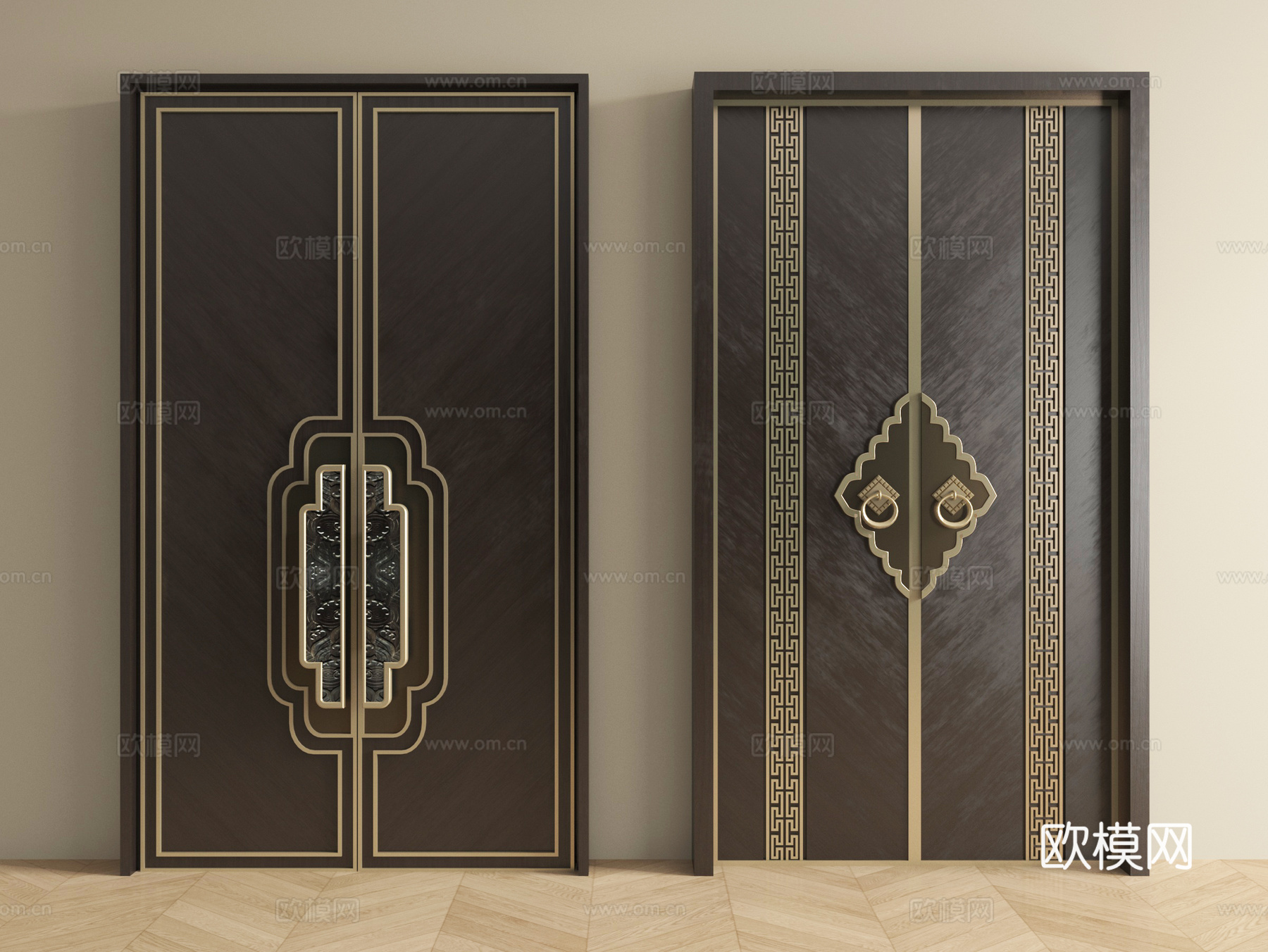 新中式房间门 双开门 入户门 大门su模型