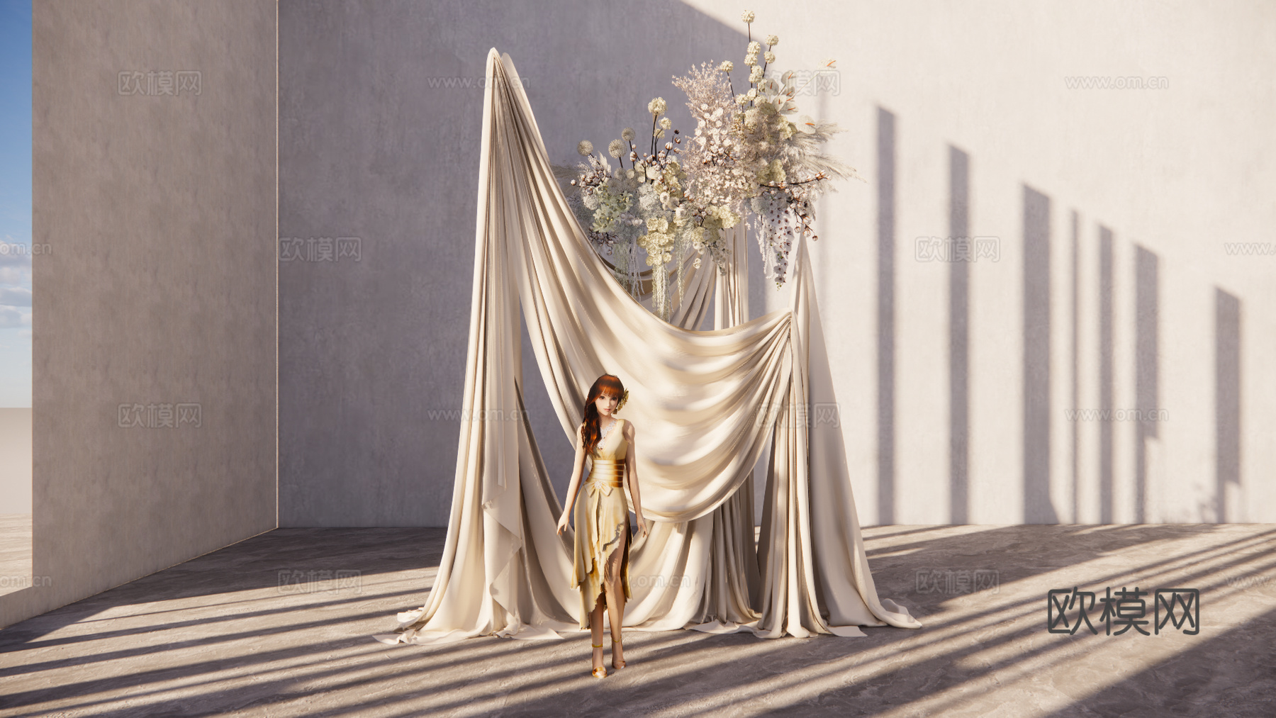 布幔造型小景  香槟色花艺婚礼美陈su模型