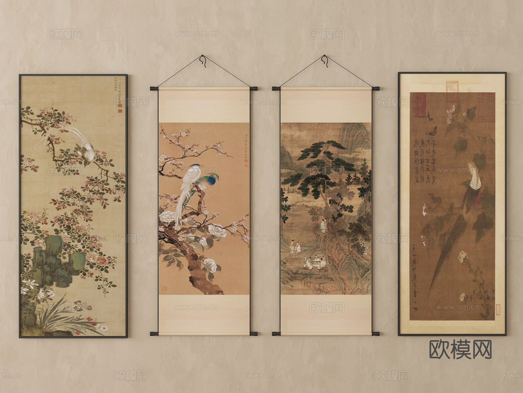 新中式挂画 装饰画 字画 挂画组合su模型