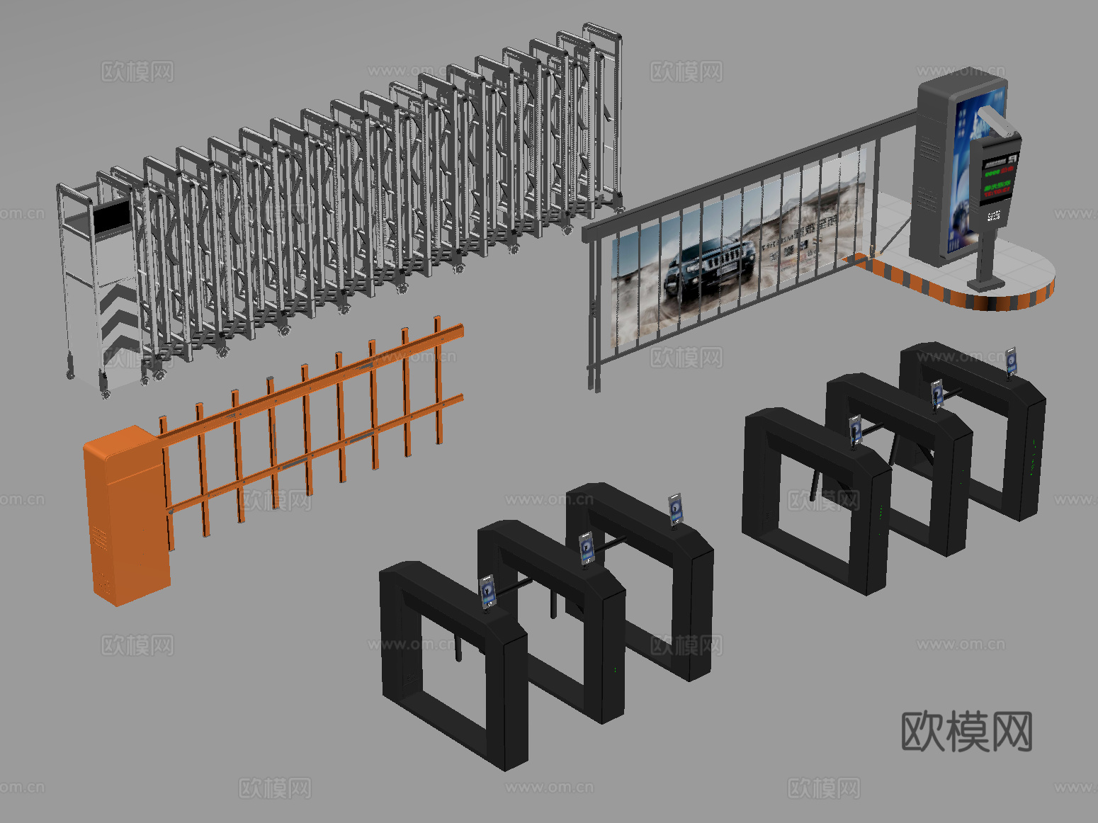 现代道闸 小区入口 门禁机 伸缩门 起落杆su模型