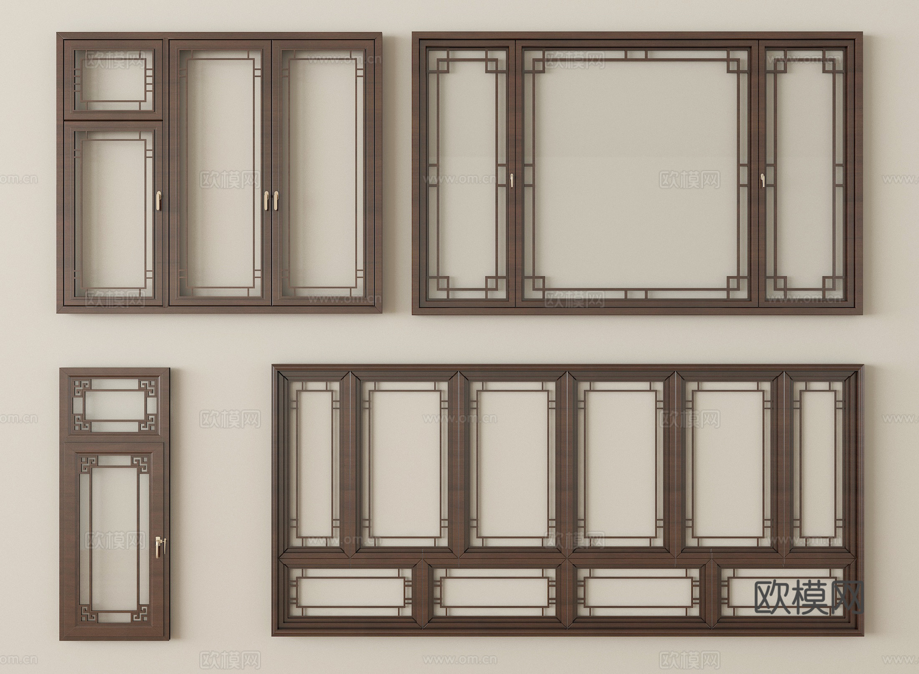 新中式窗户组合 落地窗 阳台窗3d模型下载