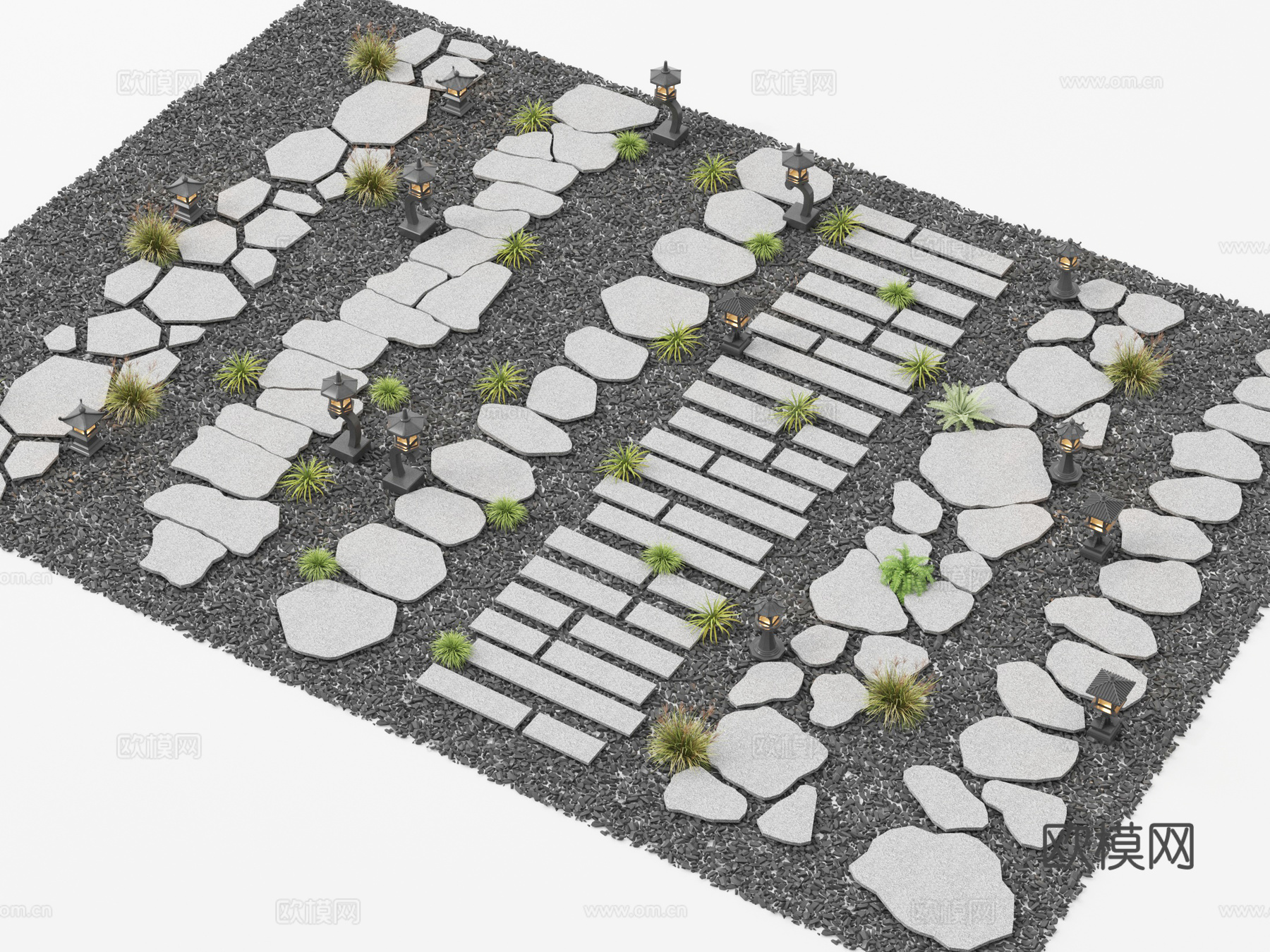 新中式汀步 园林石板路 碎石步道su模型