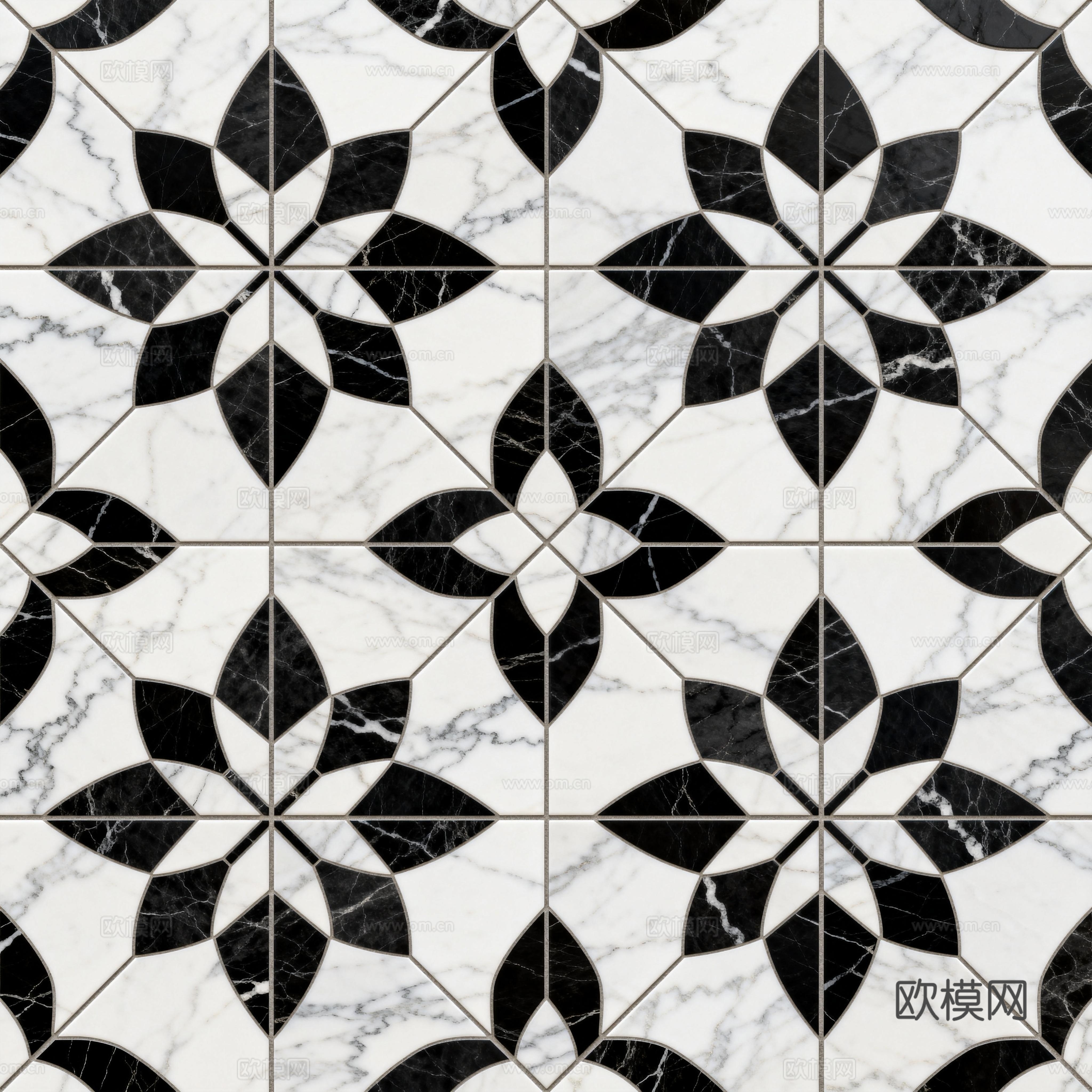 现代花砖 黑白石材拼花 花卉几何图案水刀石材拼花 石材马赛克