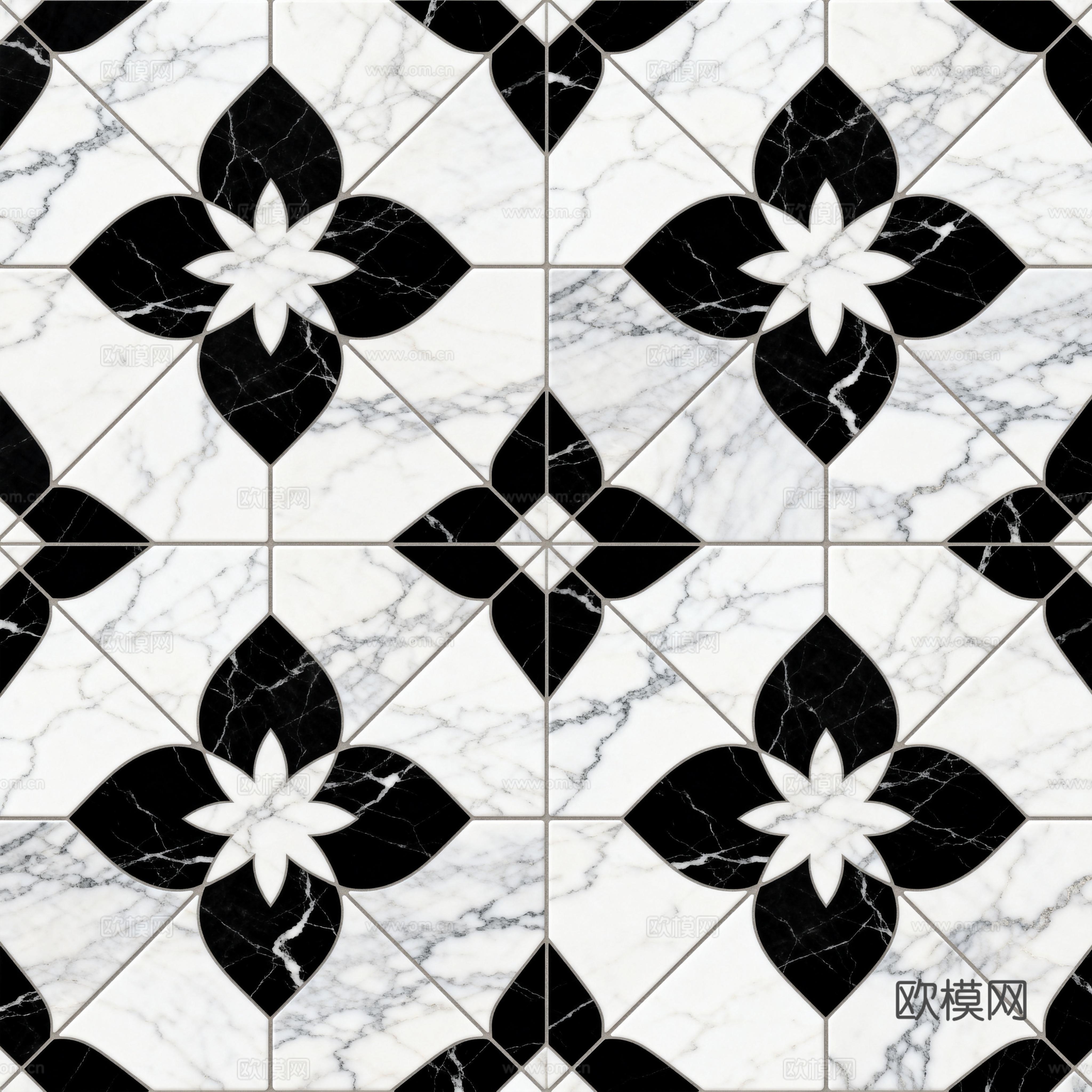 现代花砖 黑白石材拼花 花卉几何图案水刀石材拼花 石材马赛克