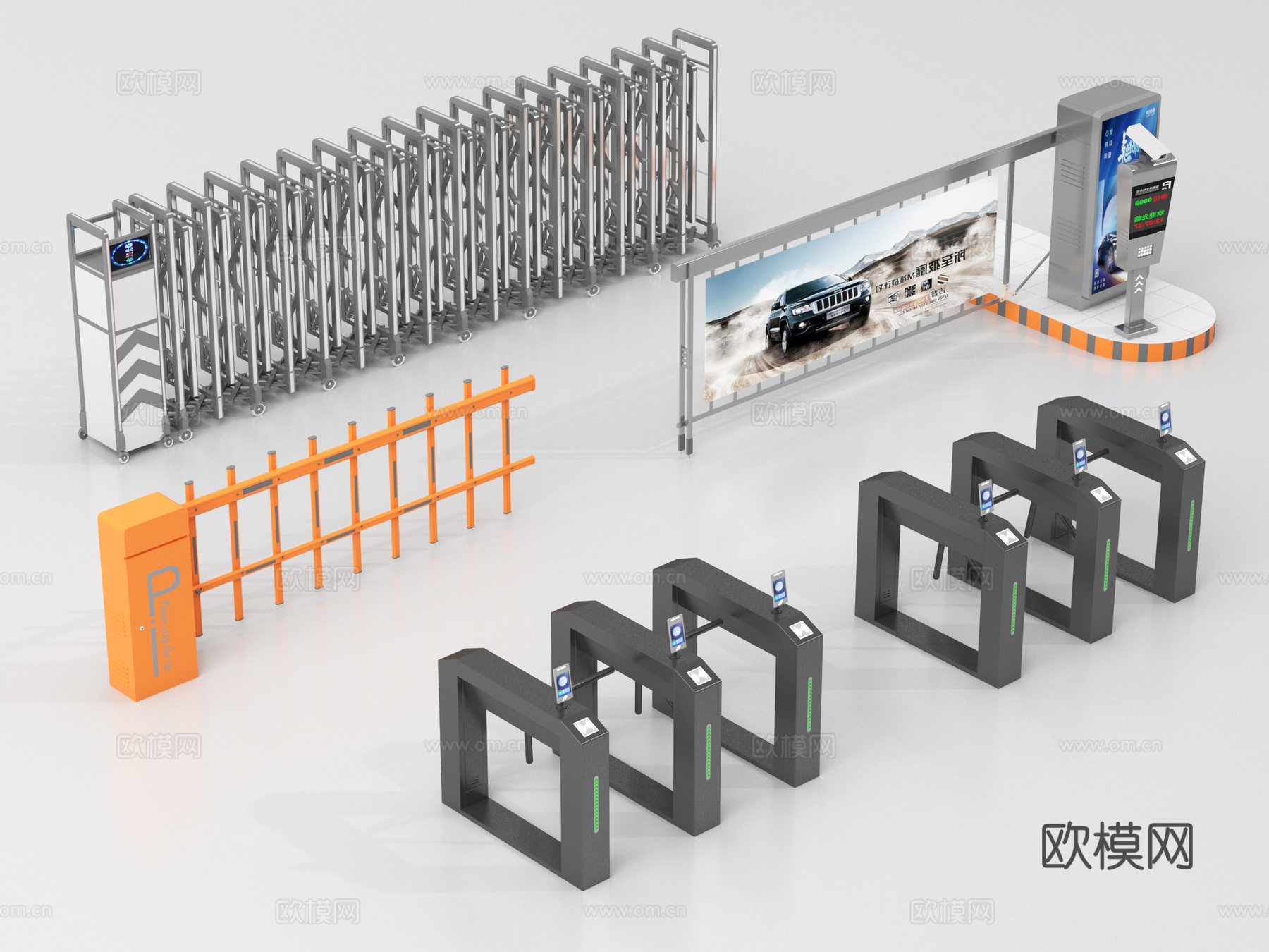 现代道闸 小区入口 门禁机 伸缩门 起落杆su模型