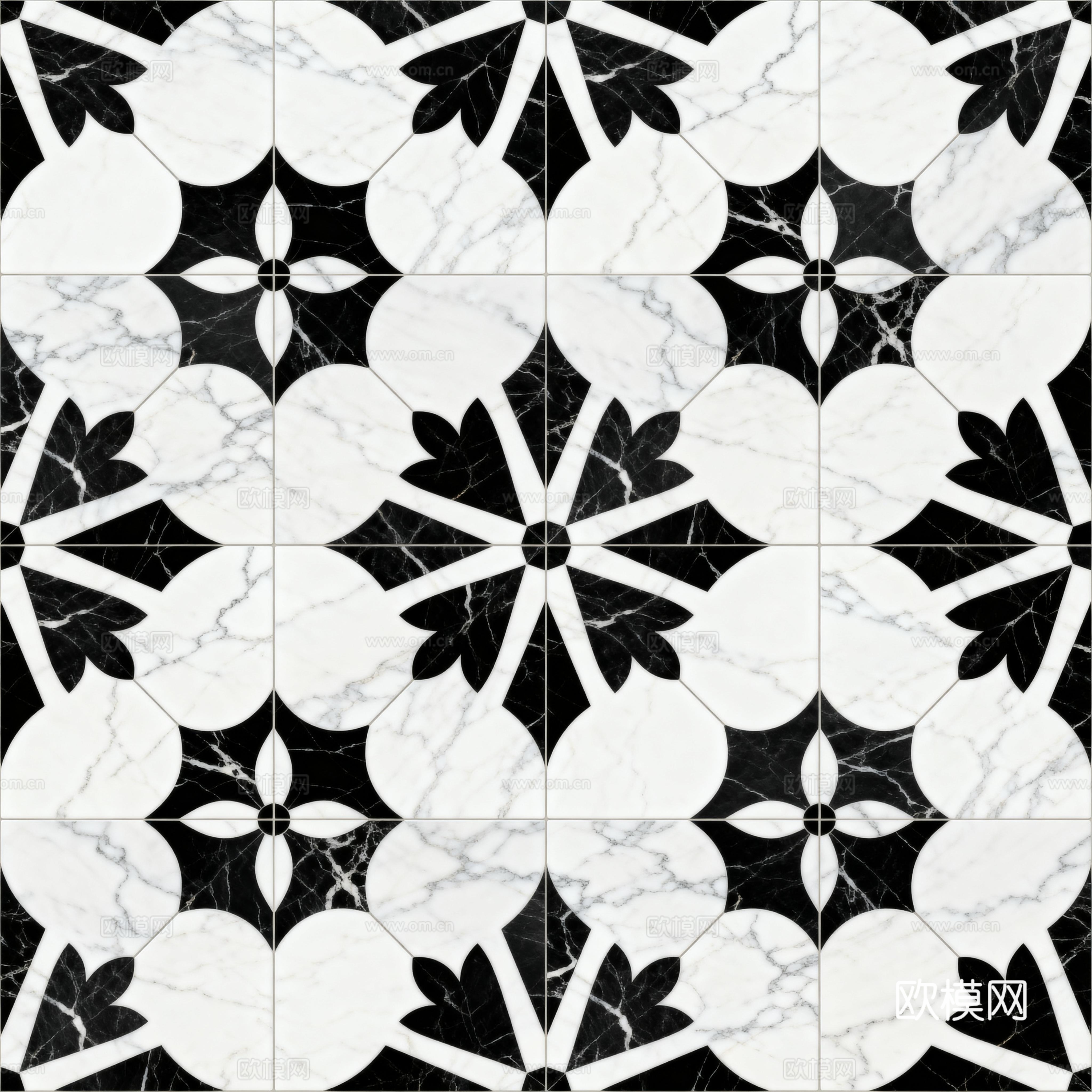 现代花砖 黑白石材拼花 花卉几何图案水刀石材拼花 石材马赛克下载