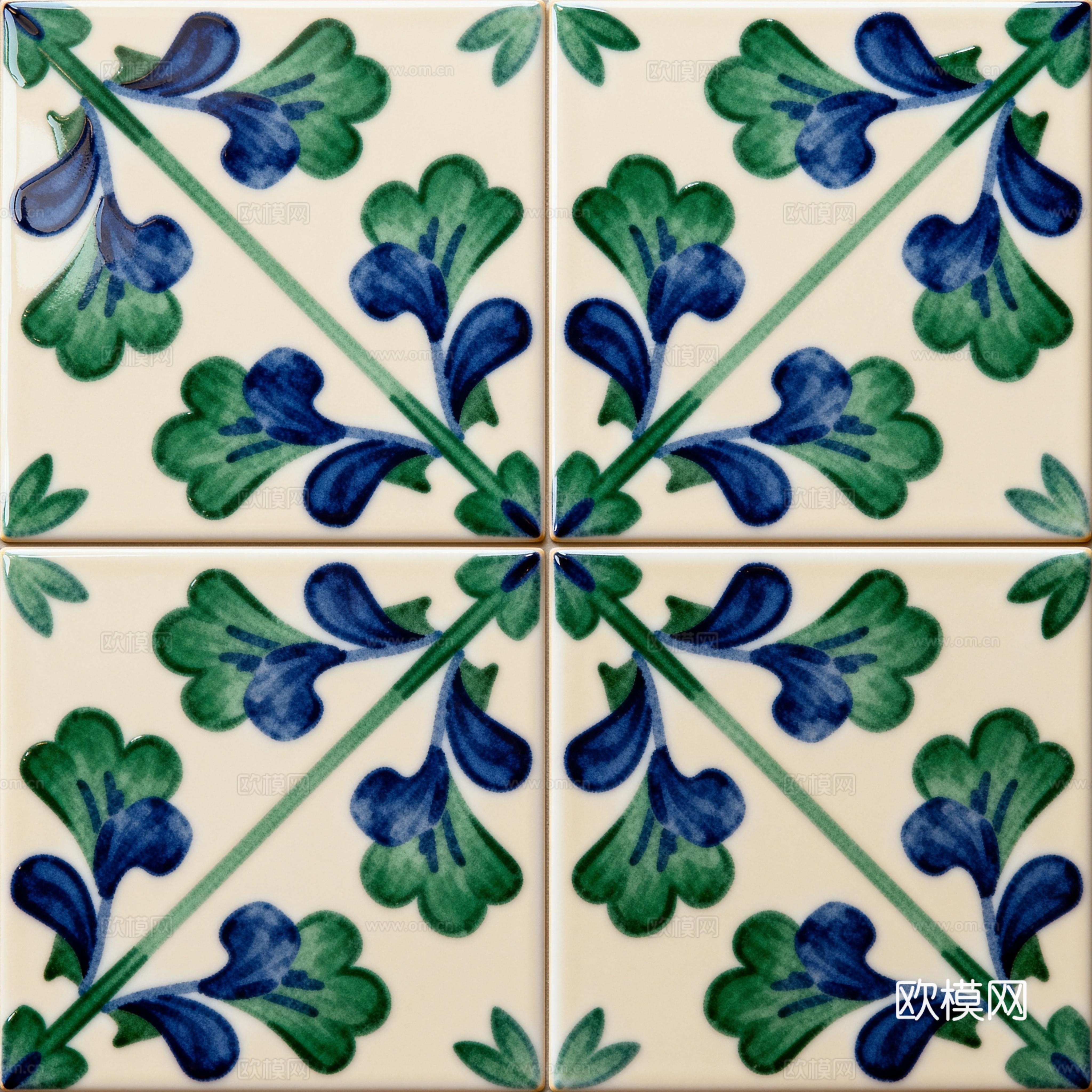田园风 蓝绿色花砖 绿色手绘艺术花砖 工艺砖 花纹图案花砖