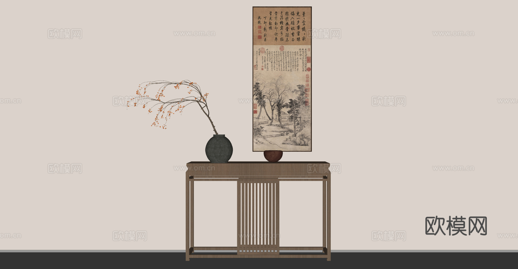 新中式端景 木制端景桌 装饰画 盆景su模型