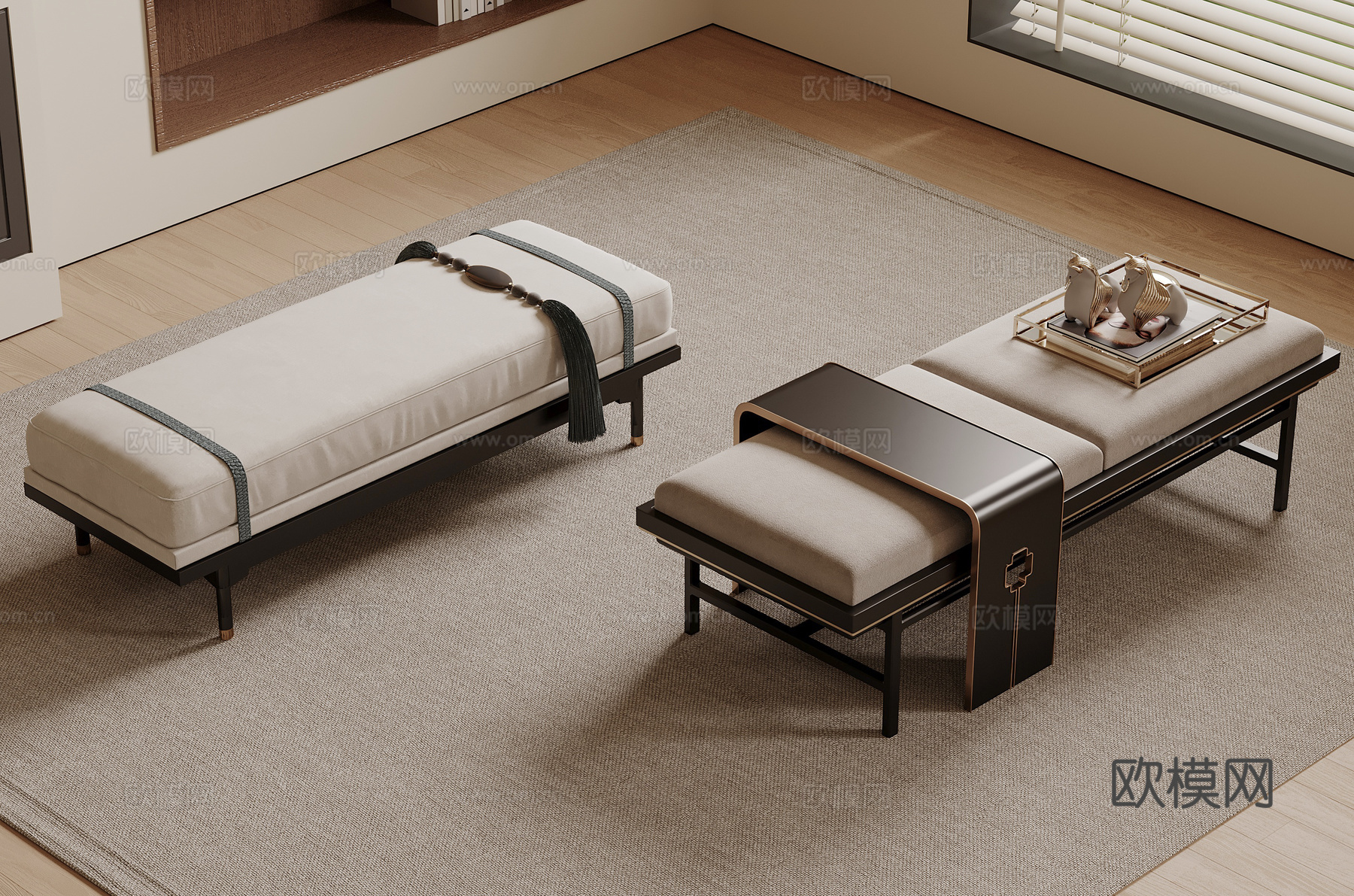 新中式床尾凳 换鞋凳 长凳 沙发凳su模型