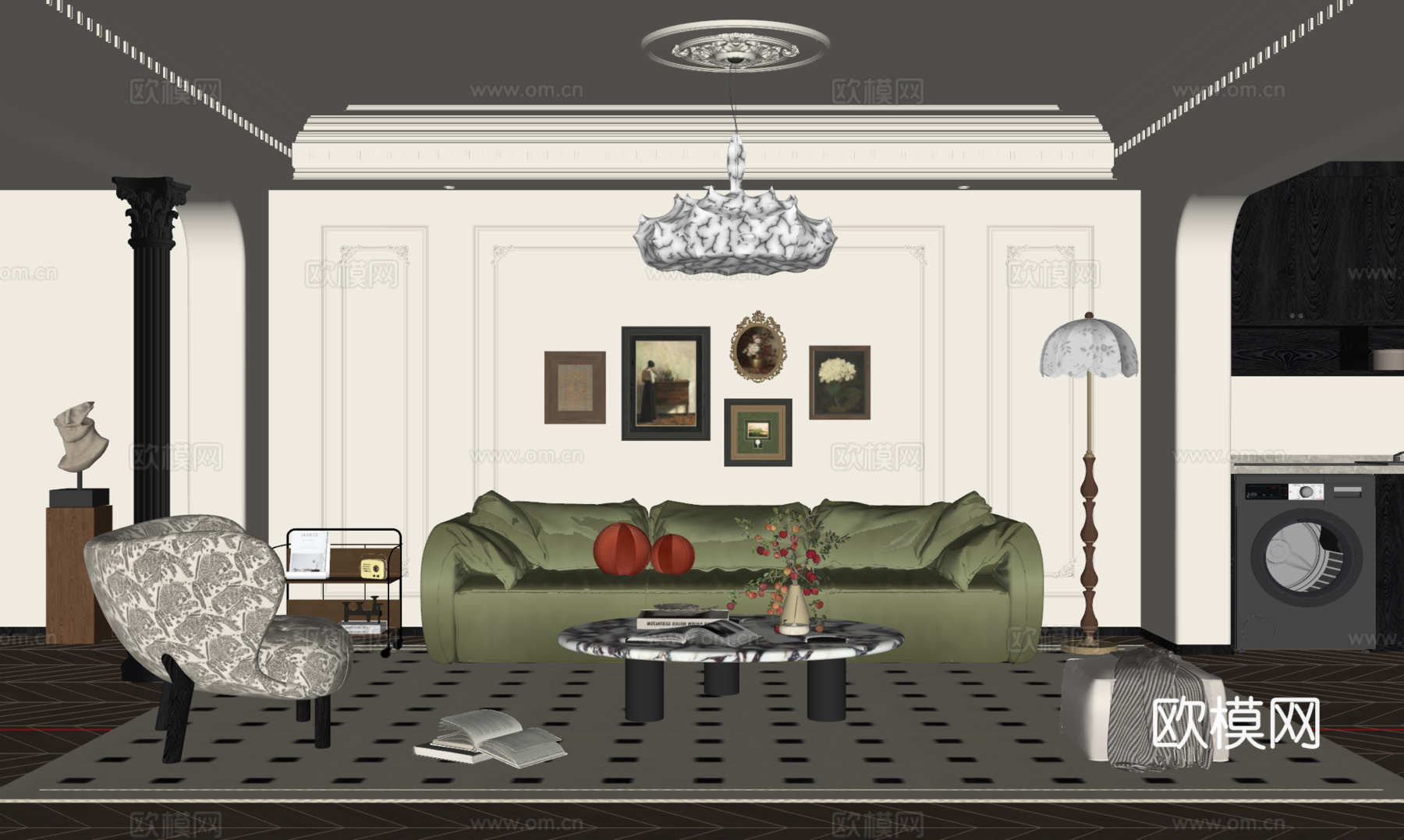 法式客厅 沙发茶几 多人沙发 休闲椅 吊灯 挂画 地毯su模型