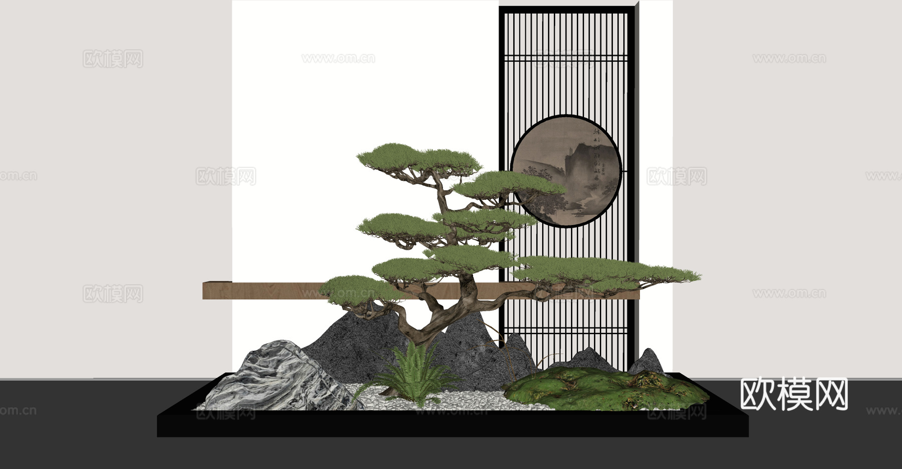 新中式绿植景观 迎客松景观 屏风景观su模型