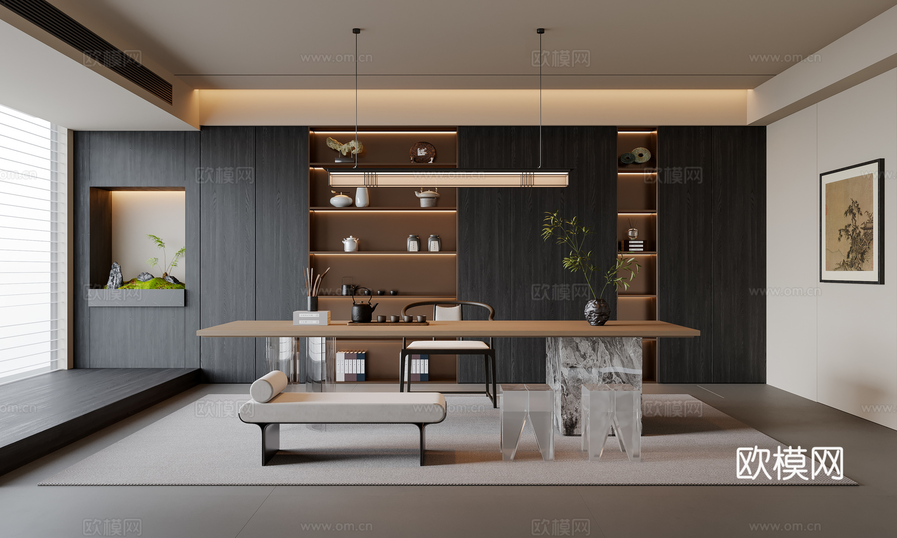 新中式茶室 茶桌椅 茶柜 吊灯 装饰柜 地毯su模型