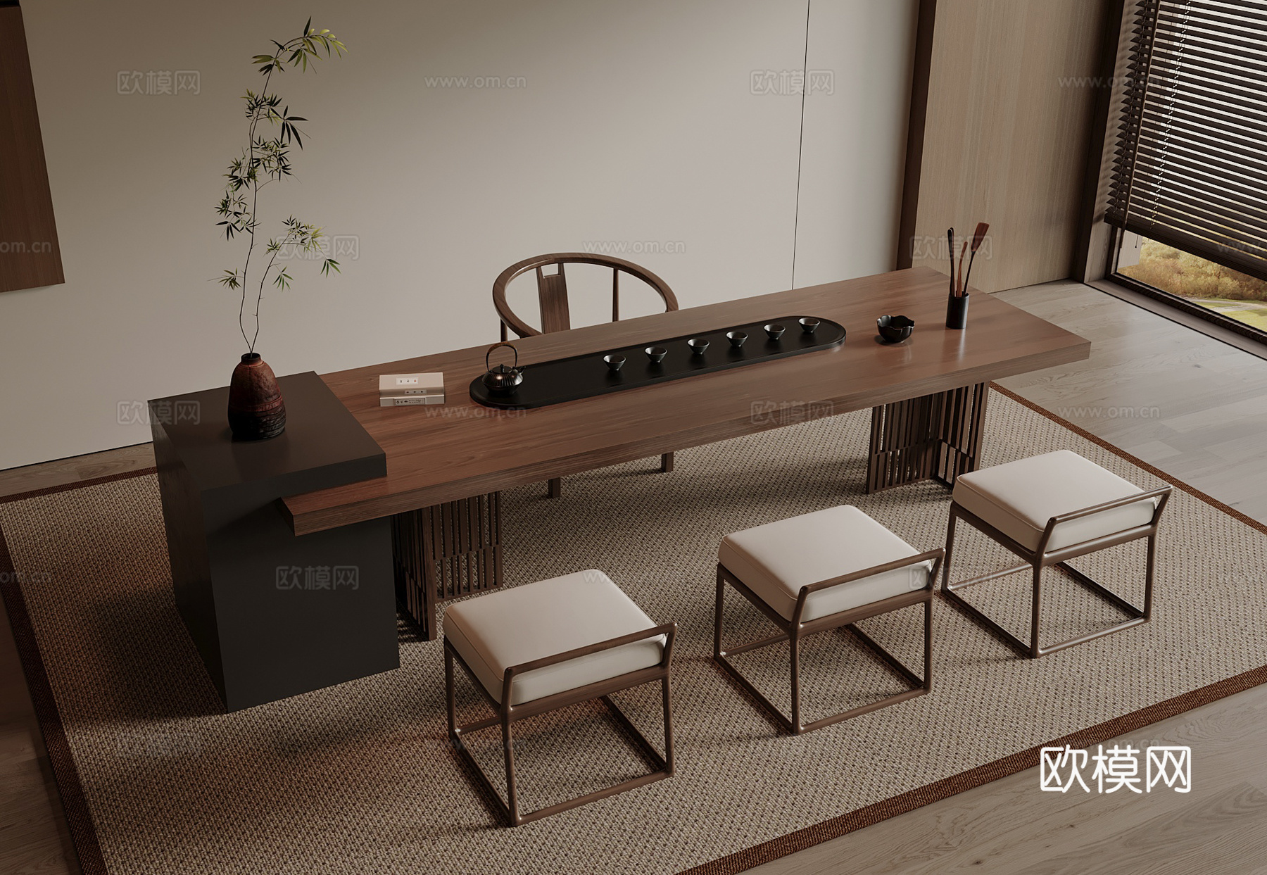 新中式禅意茶台 茶桌椅 茶台 木制茶台su模型