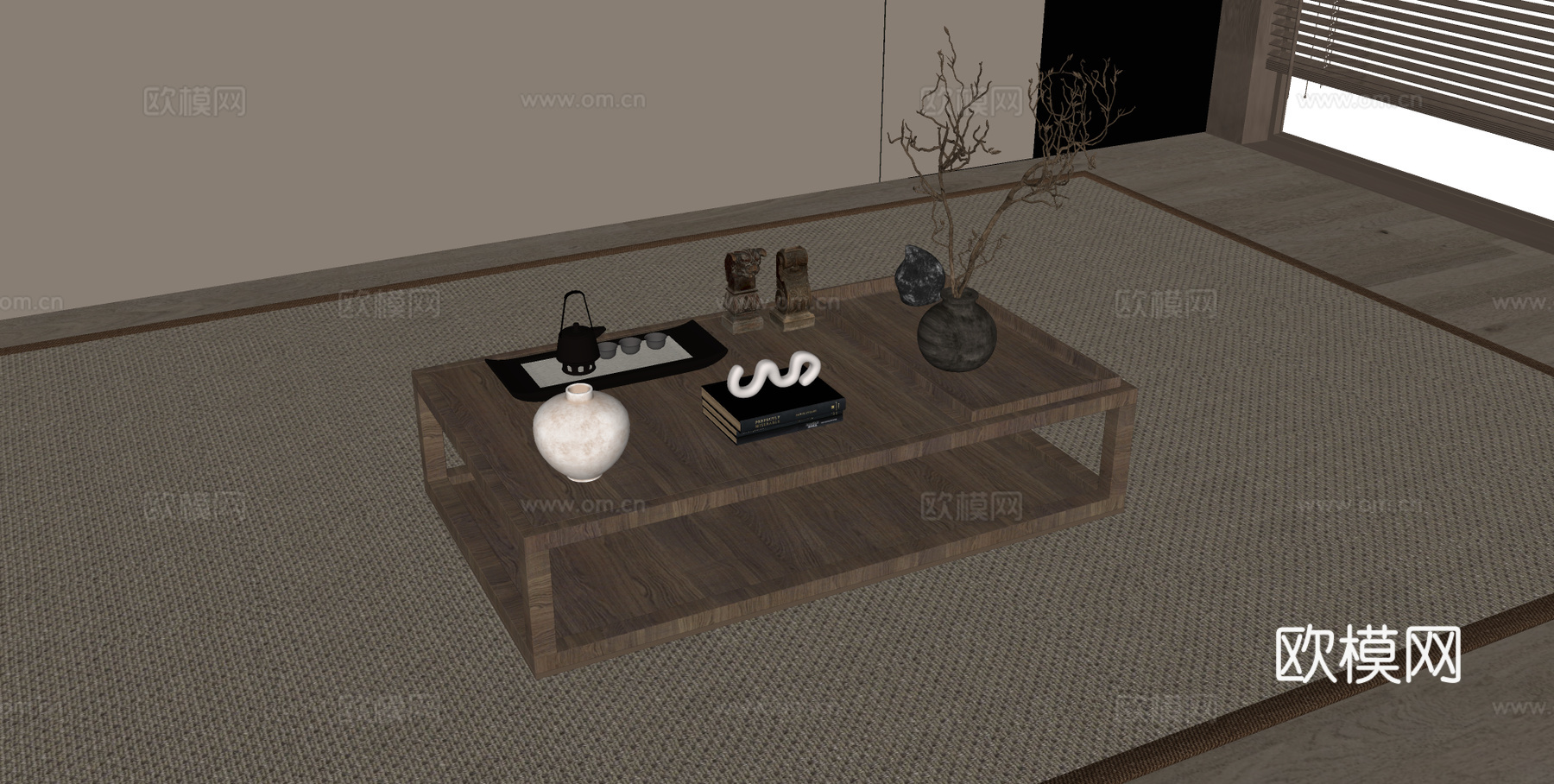 新中式茶几 木制茶几 长形茶几su模型