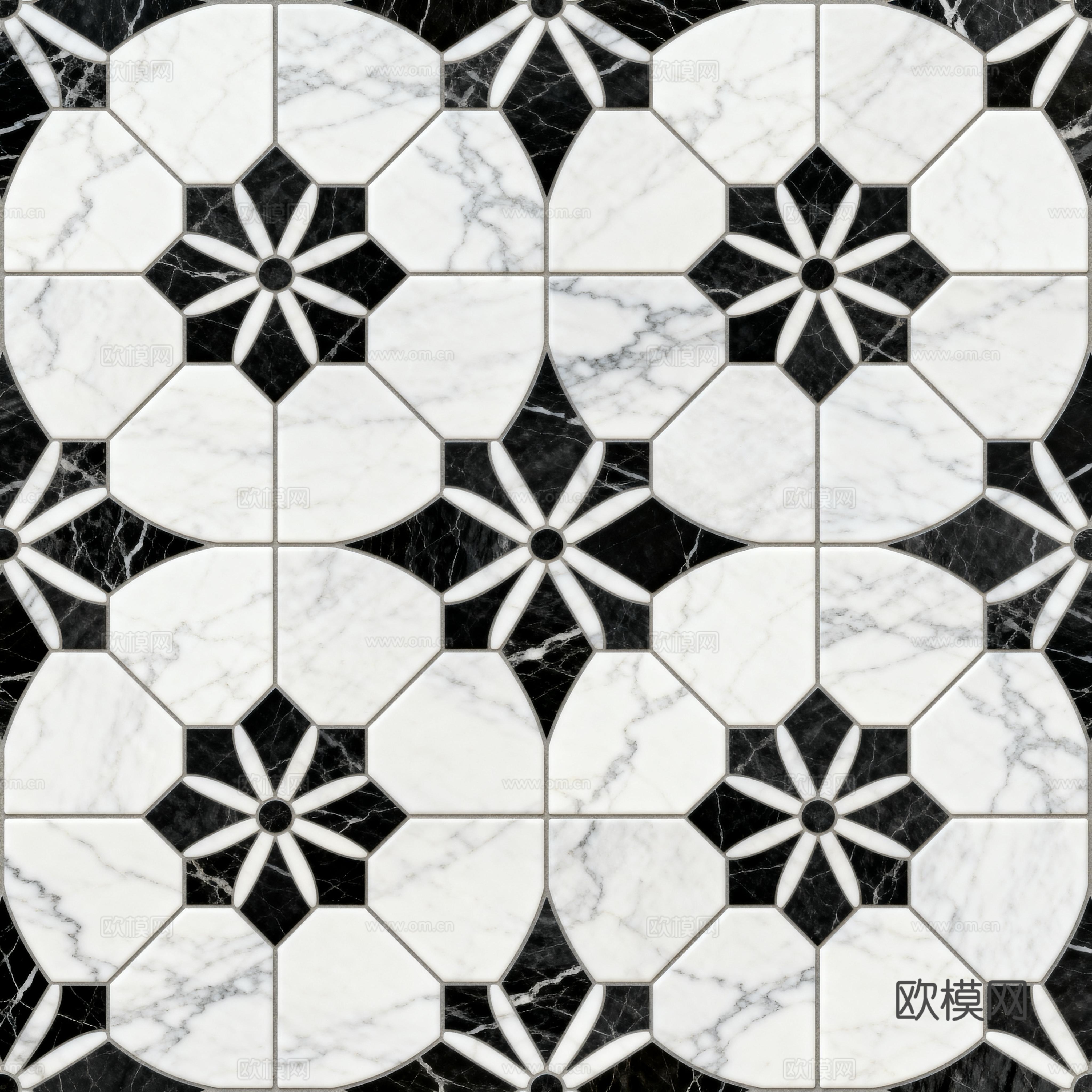 现代花砖 黑白石材拼花 花卉几何图案水刀石材拼花 石材马赛克