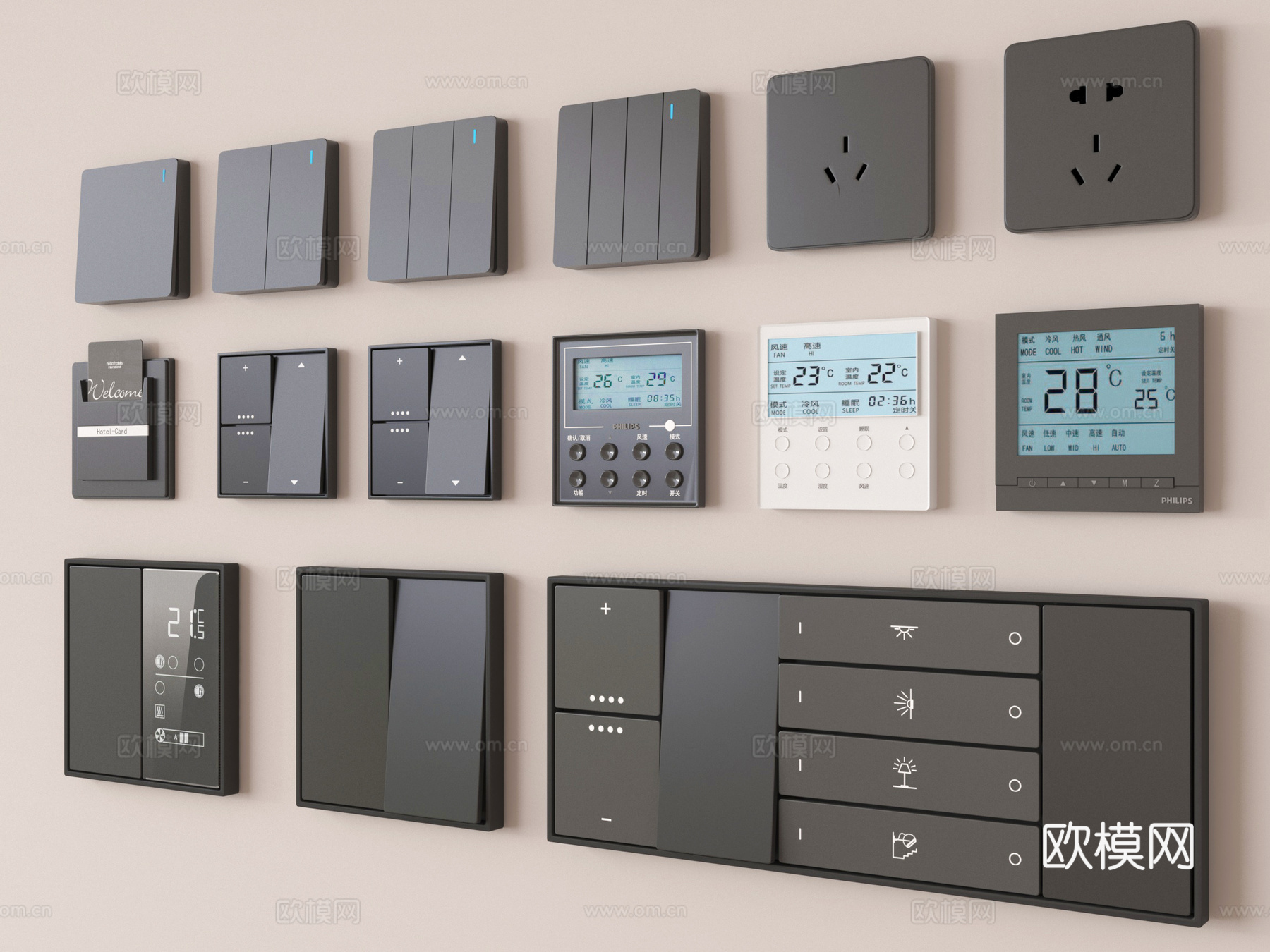 现代开关插座 智能面板 功能面板su模型