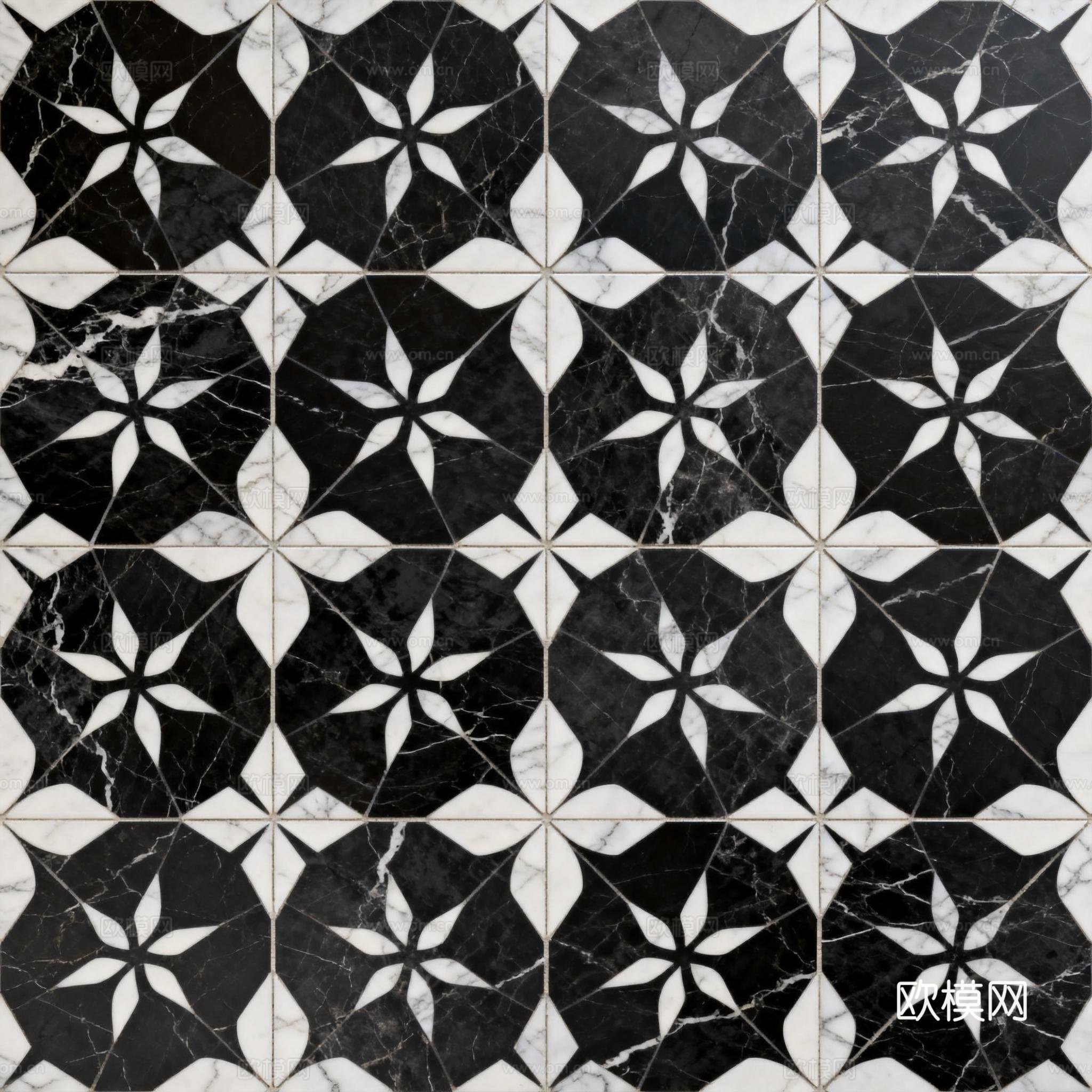 现代花砖 黑白石材拼花 花卉几何图案水刀石材拼花 石材马赛克下载