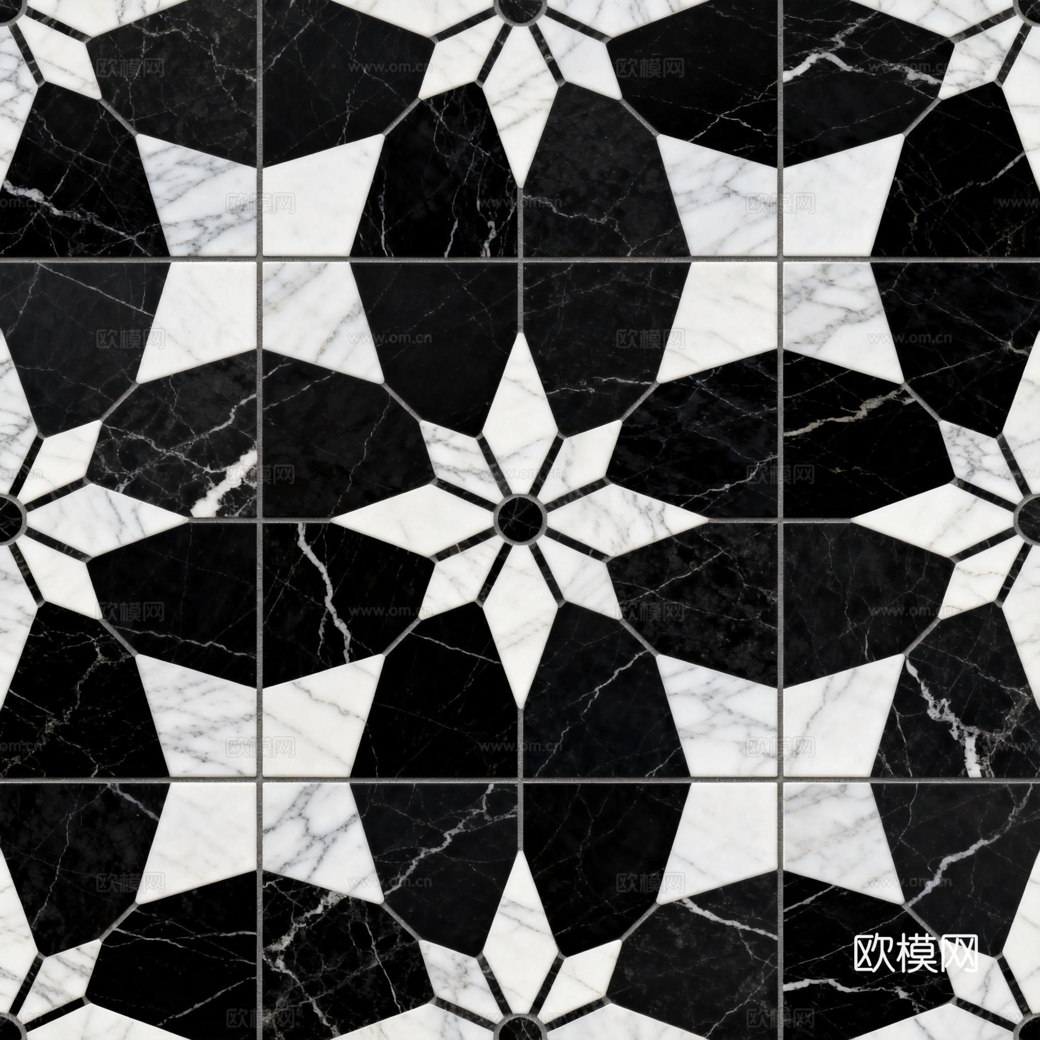 现代花砖 黑白石材拼花 花卉几何图案水刀石材拼花 石材马赛克