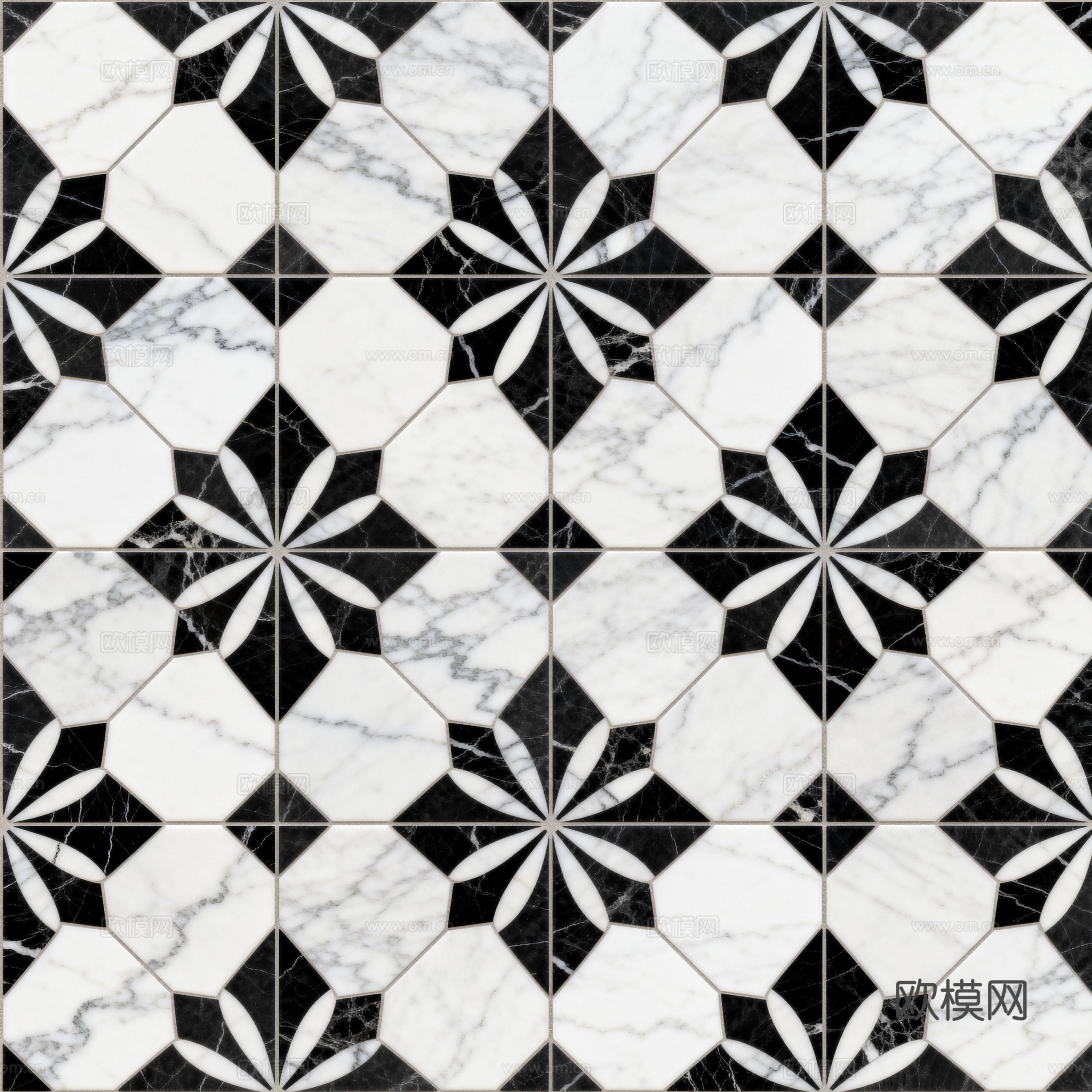 现代花砖 黑白石材拼花 花卉几何图案水刀石材拼花 石材马赛克